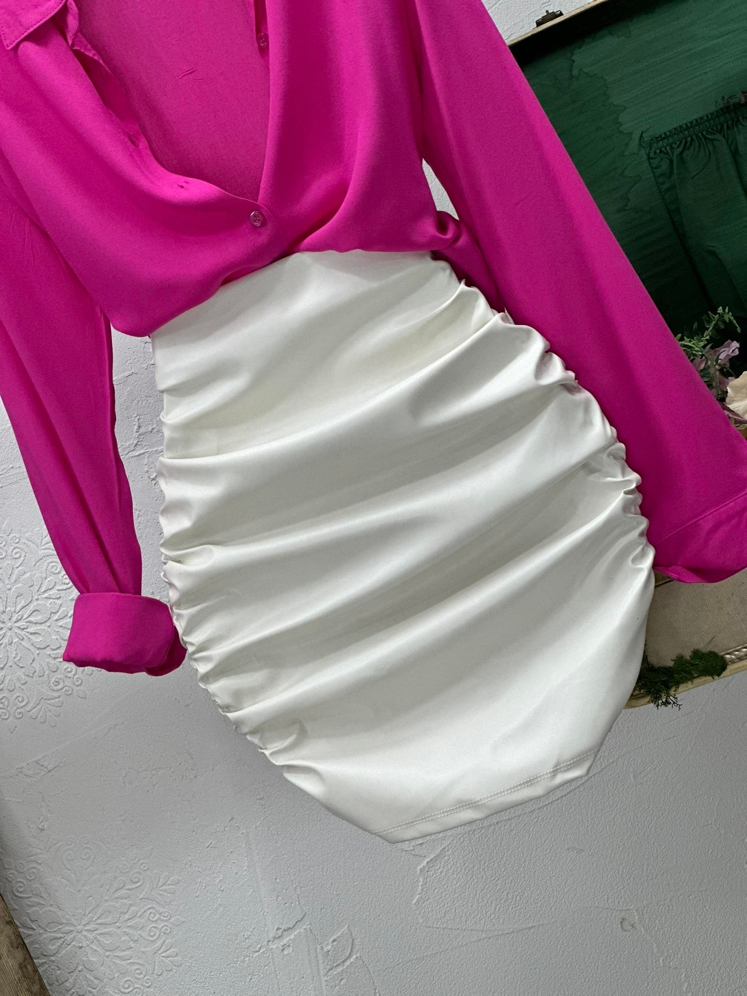 Likralı Pu Deri Drapeli Krem Etek 