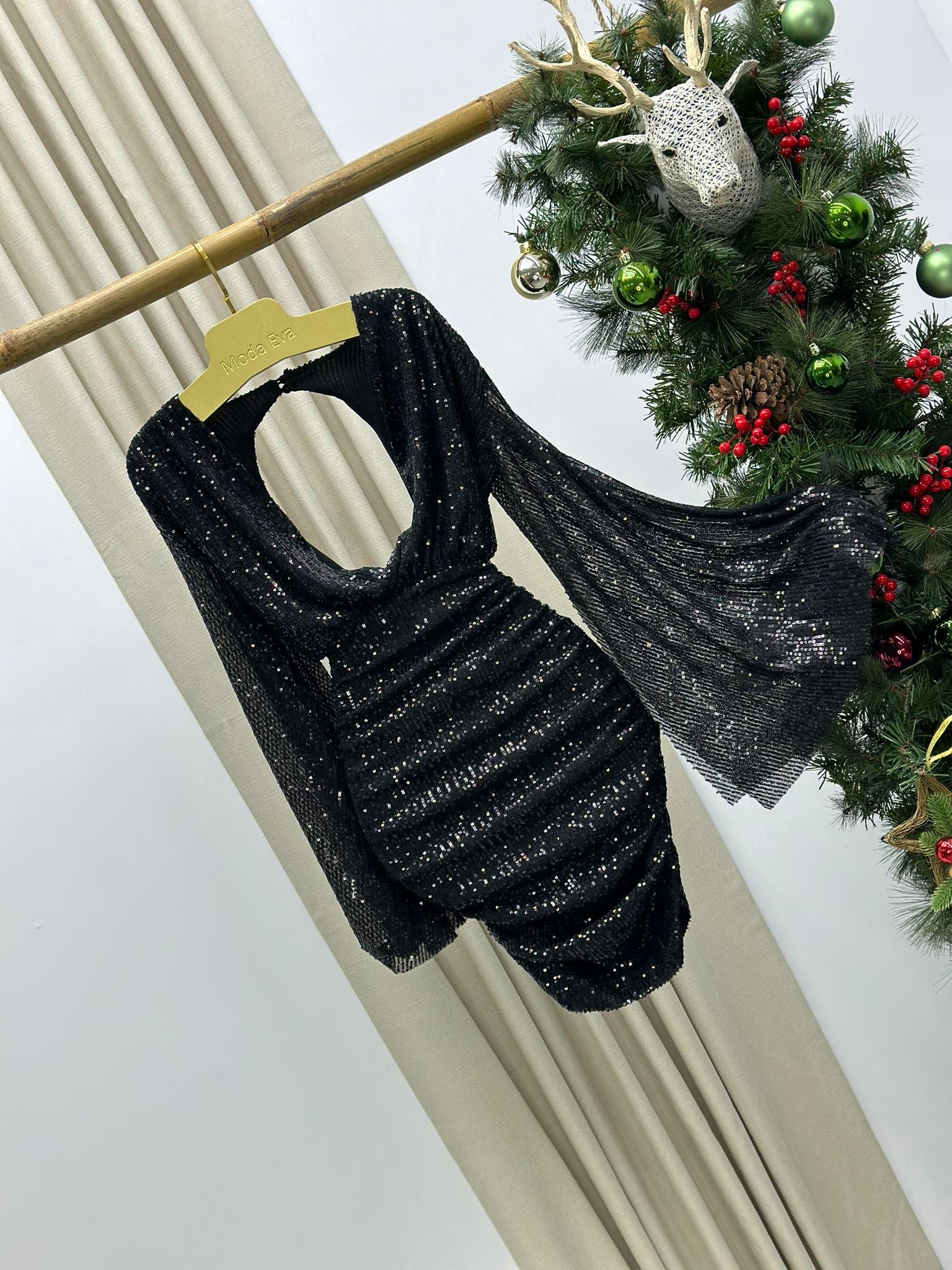 Likralı Pul Payet Kumaş Astarlı Pelerin Kol Mini Elbise