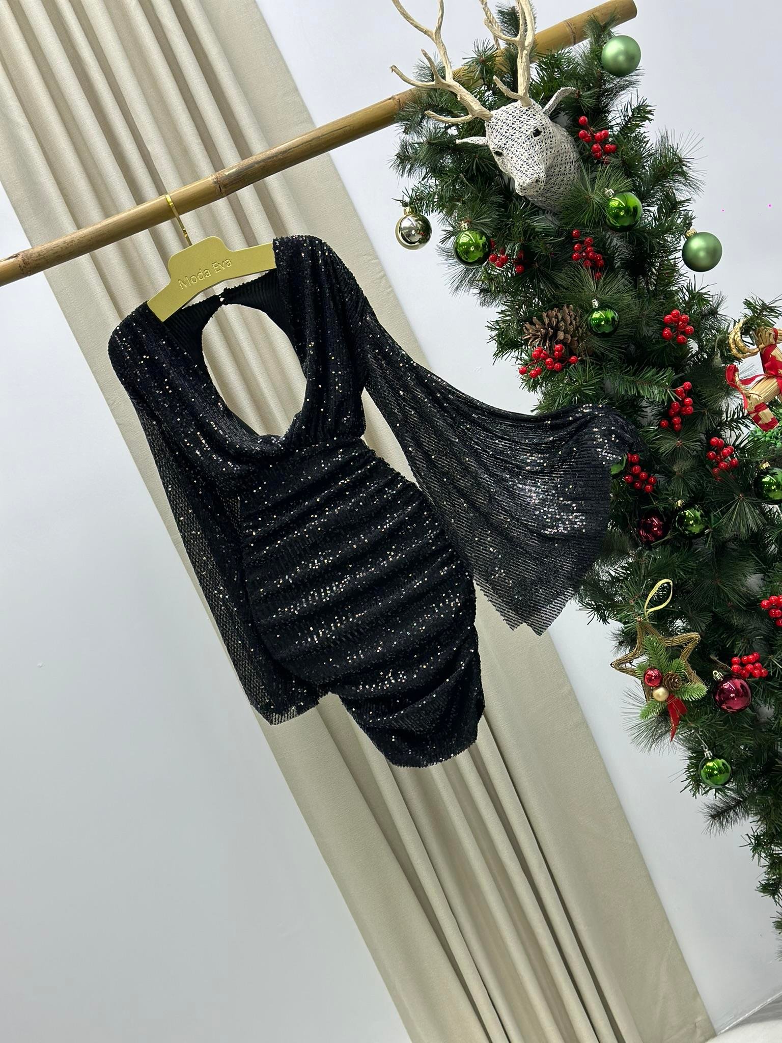 Likralı Pul Payet Kumaş Astarlı Pelerin Kol Mini Elbise