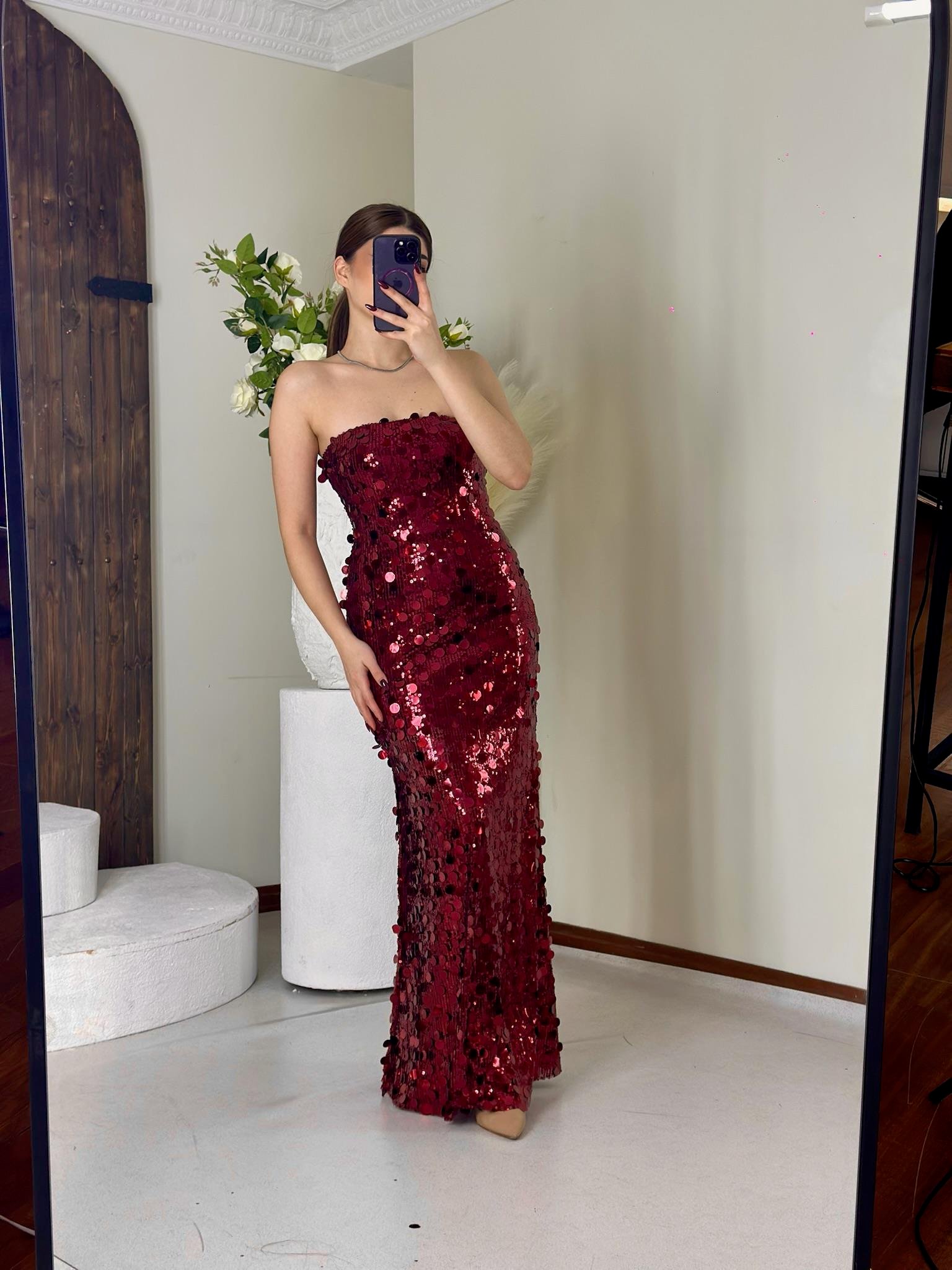 Likralı Pul Payet Kumaş Straplez Uzun Elbise Bordo