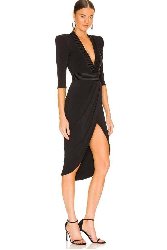 Likralı Sandy Kumaş Derin V Yaka Zarf Etekli Midi Boy Tasarım Elbise