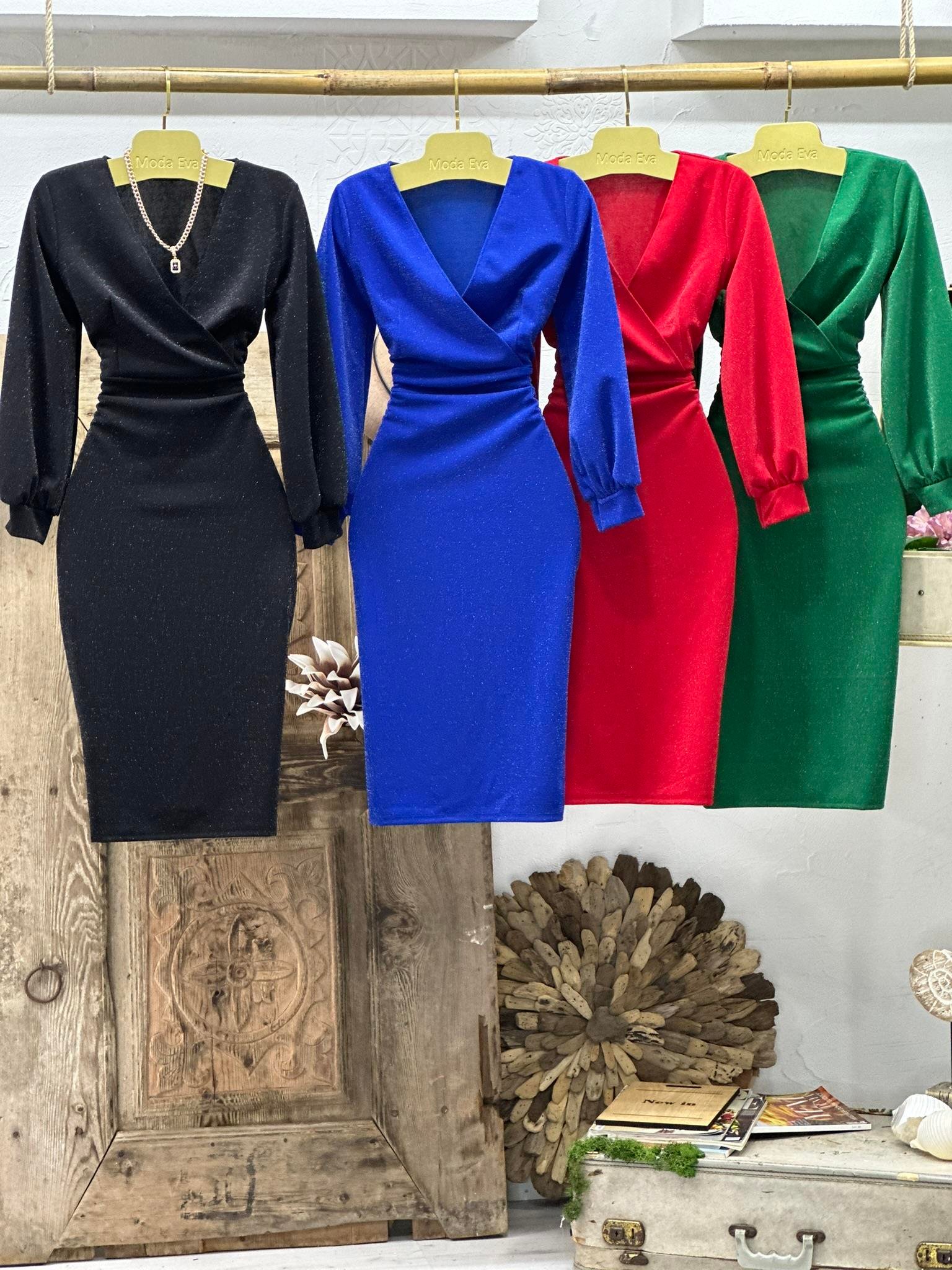 Likralı Simli Crep Dokuma Kumaş Kruvaze Yaka Manşet Kollu Kalem Saks  Elbise