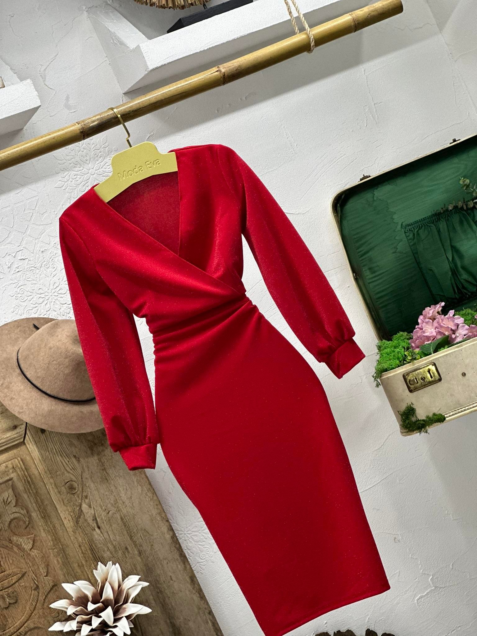 Likralı Simli Crep Dokuma Kumaş Kruvaze Yaka Manşet Kollu Kalem Kırmızı  Elbise