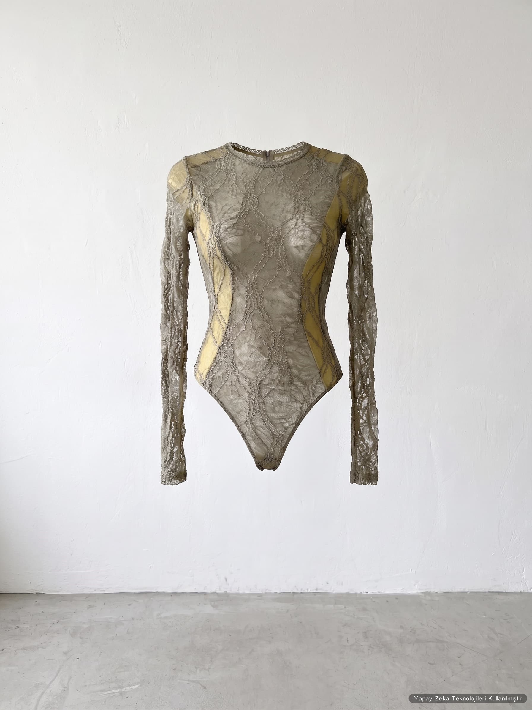 Likralı Tül Bodysuit Haki