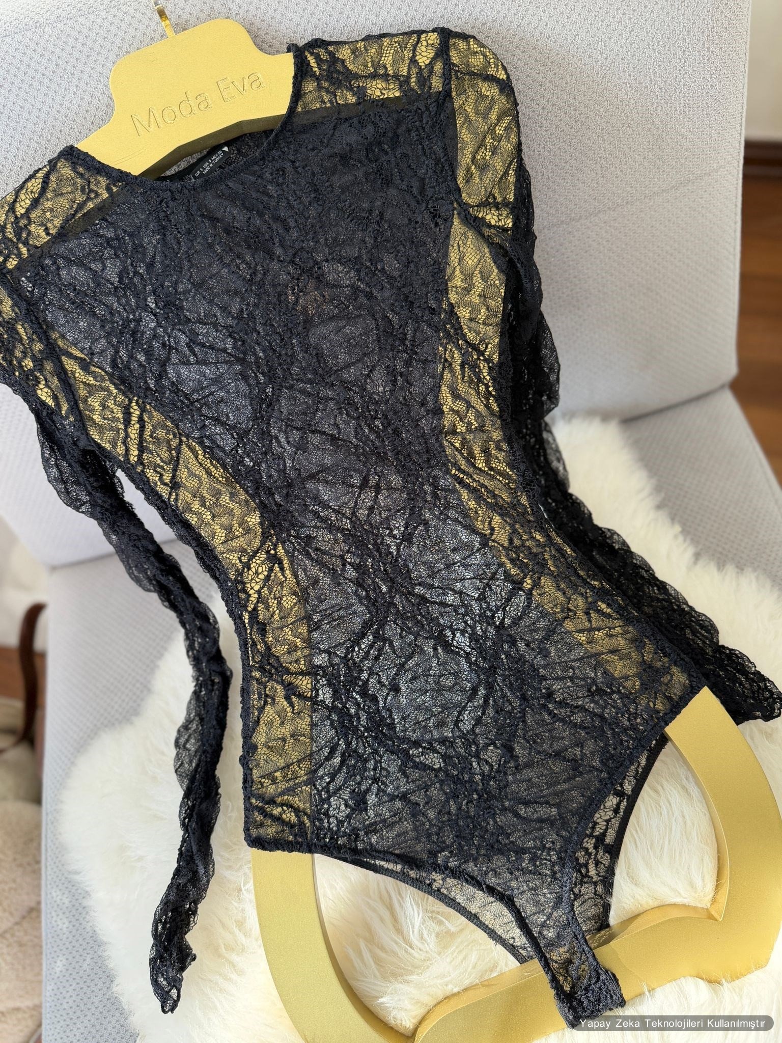 Likralı Tül Bodysuit Siyah