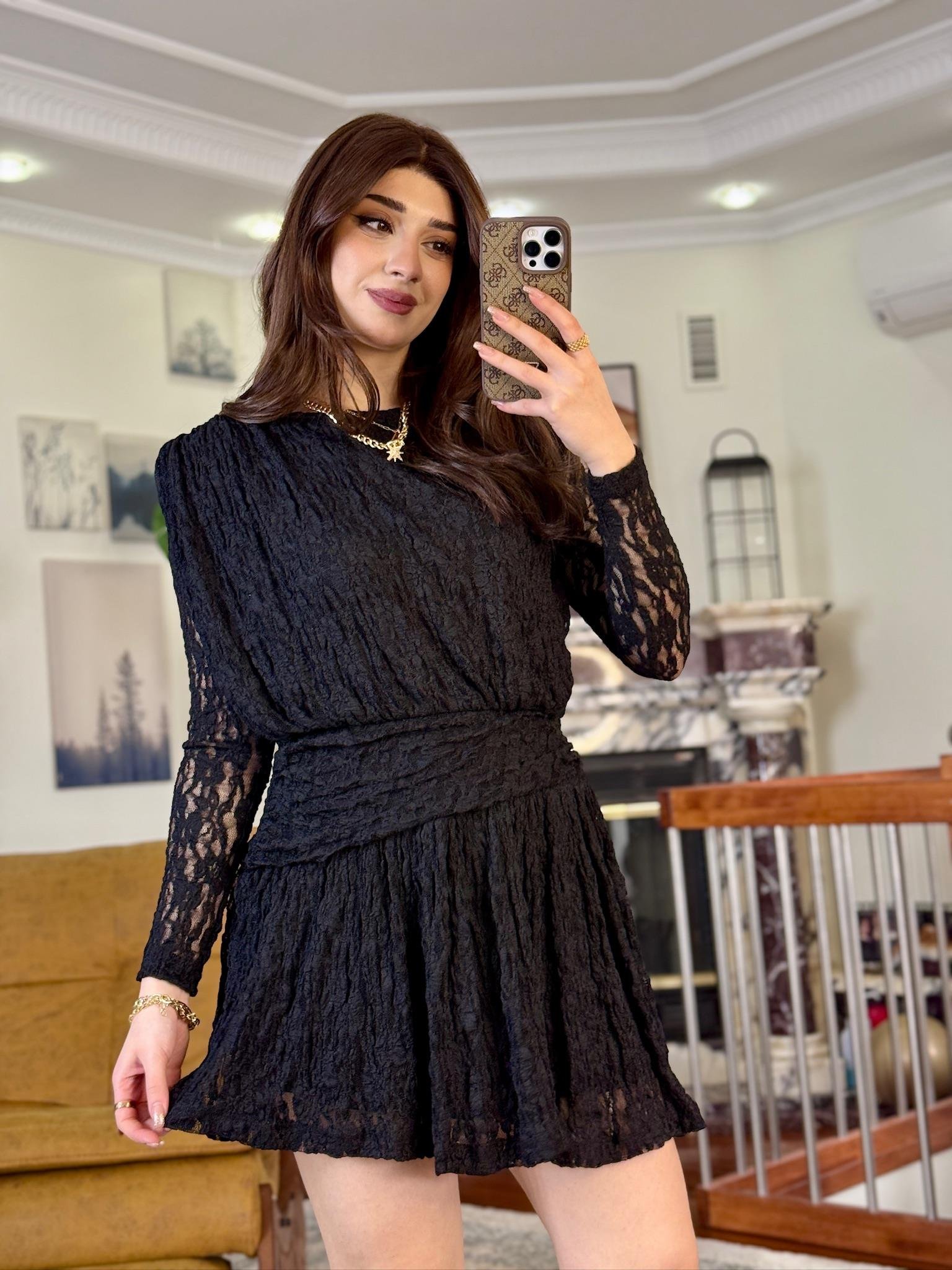 Likralı Tül Kumaş Drape Detaylı Kloş Elbise Siyah