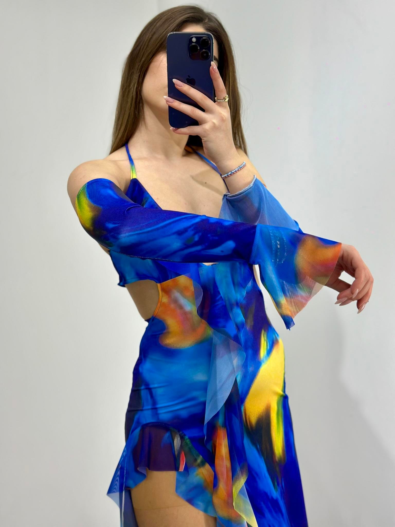 Likralı Tül Kumaş Ebruli Desen Tasarım Elbise