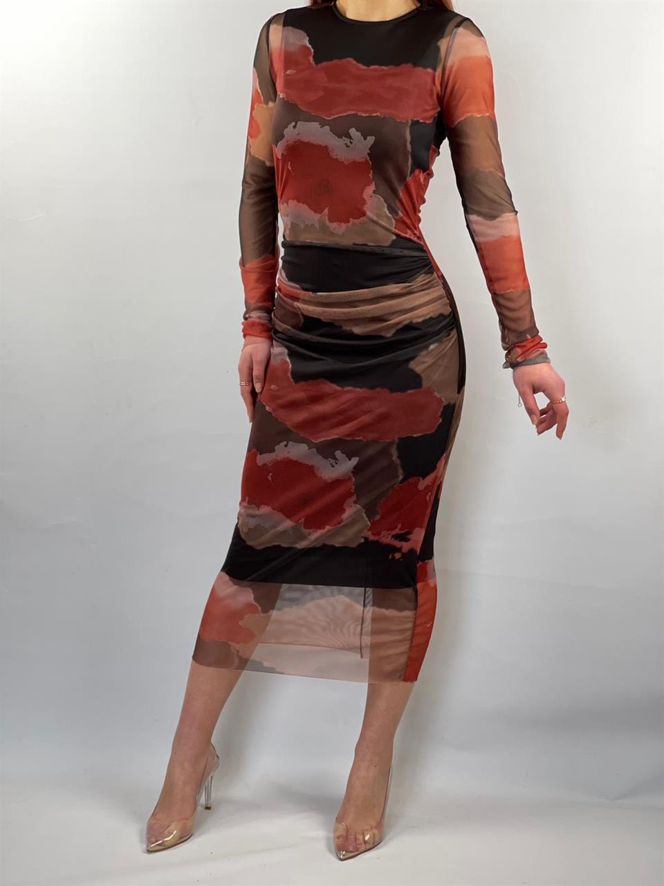 Likralı Tül Kumaş Pelerin Astarlı Kalem Elbisemiz