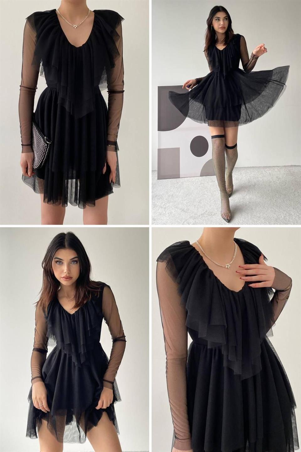 Likralı Tül Kumaş Volan Detay Kat Etekli Mini Elbise