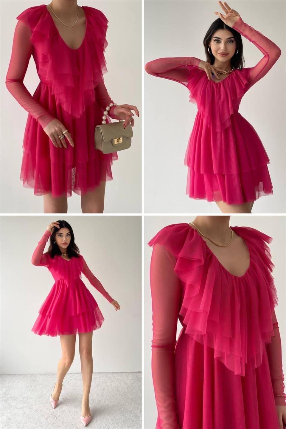 Likralı Tül Kumaş Volan Detay Kat Etekli Mini Elbise