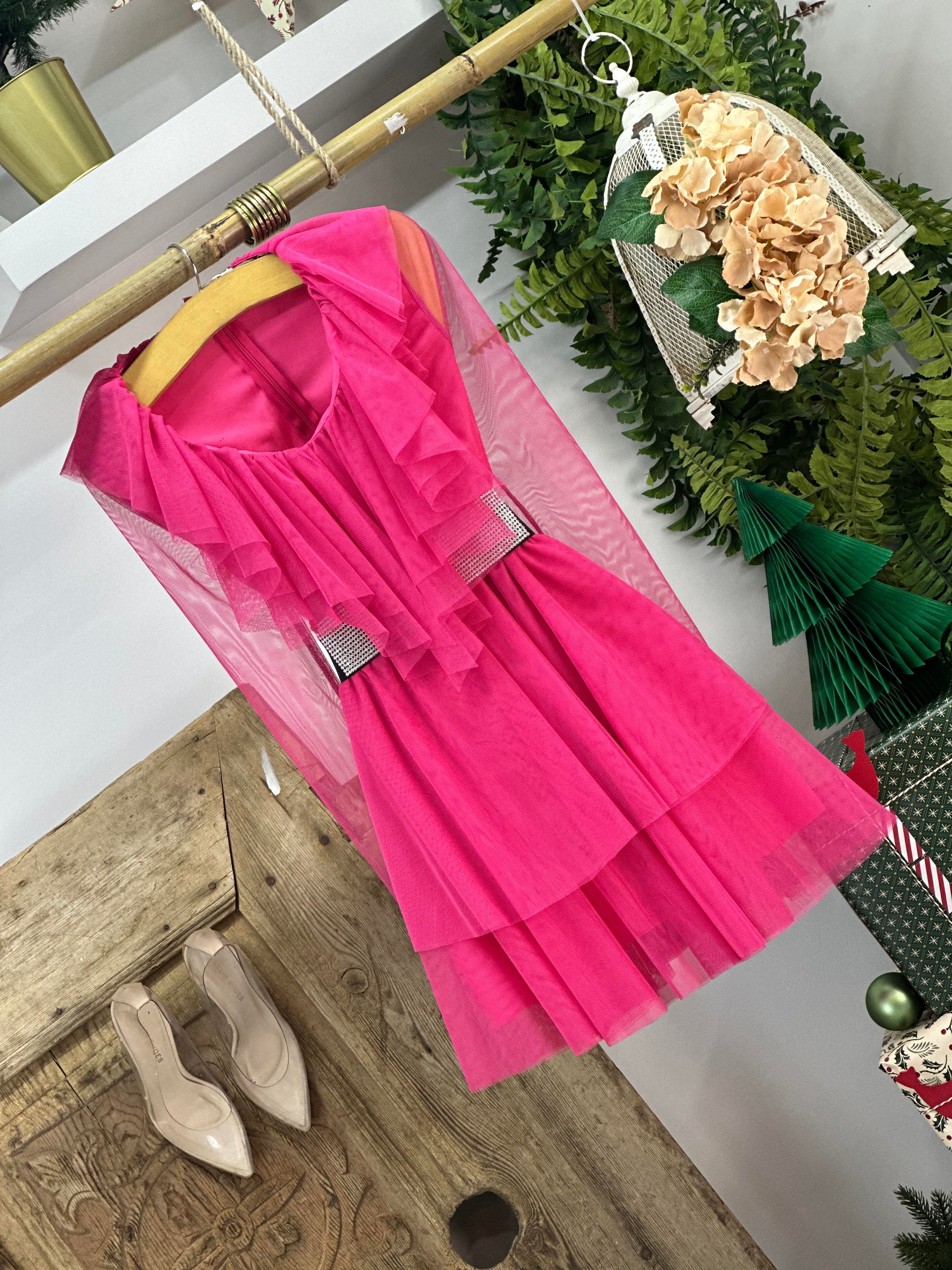 Likralı Tül Kumaş Volan Detay Kat Etekli Mini Elbise