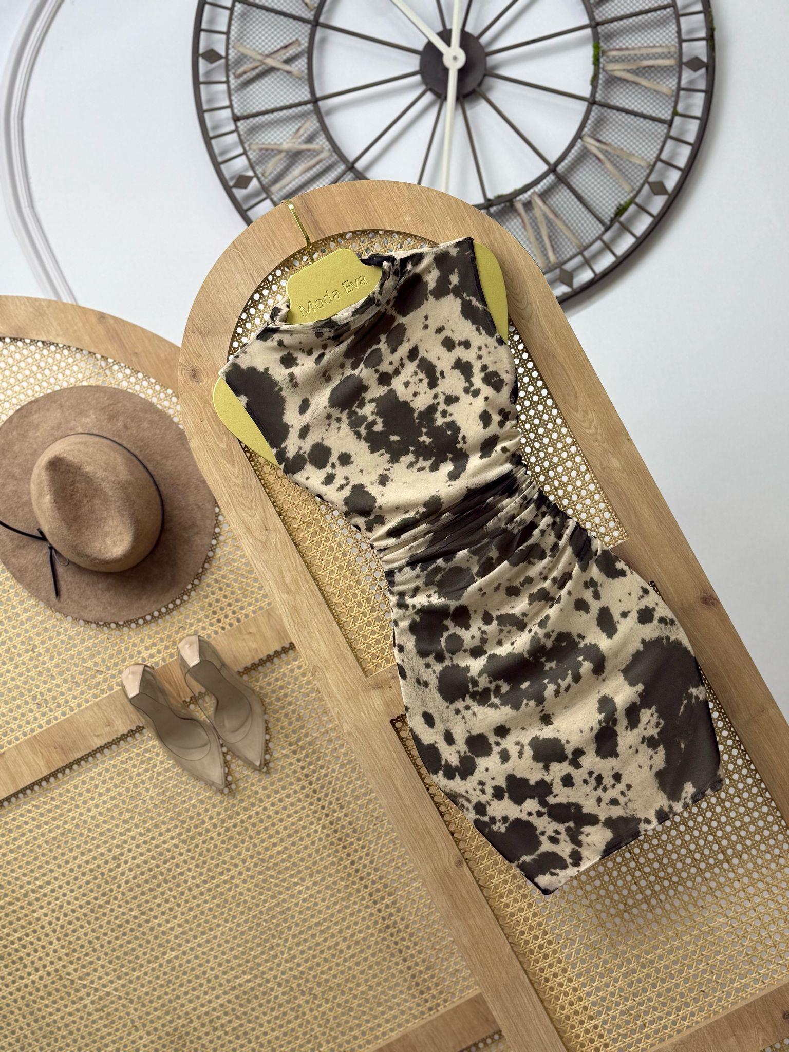 Likralı Tül Şifon Kumaş Astarlı Drapeli Alaca Desen Elbise 