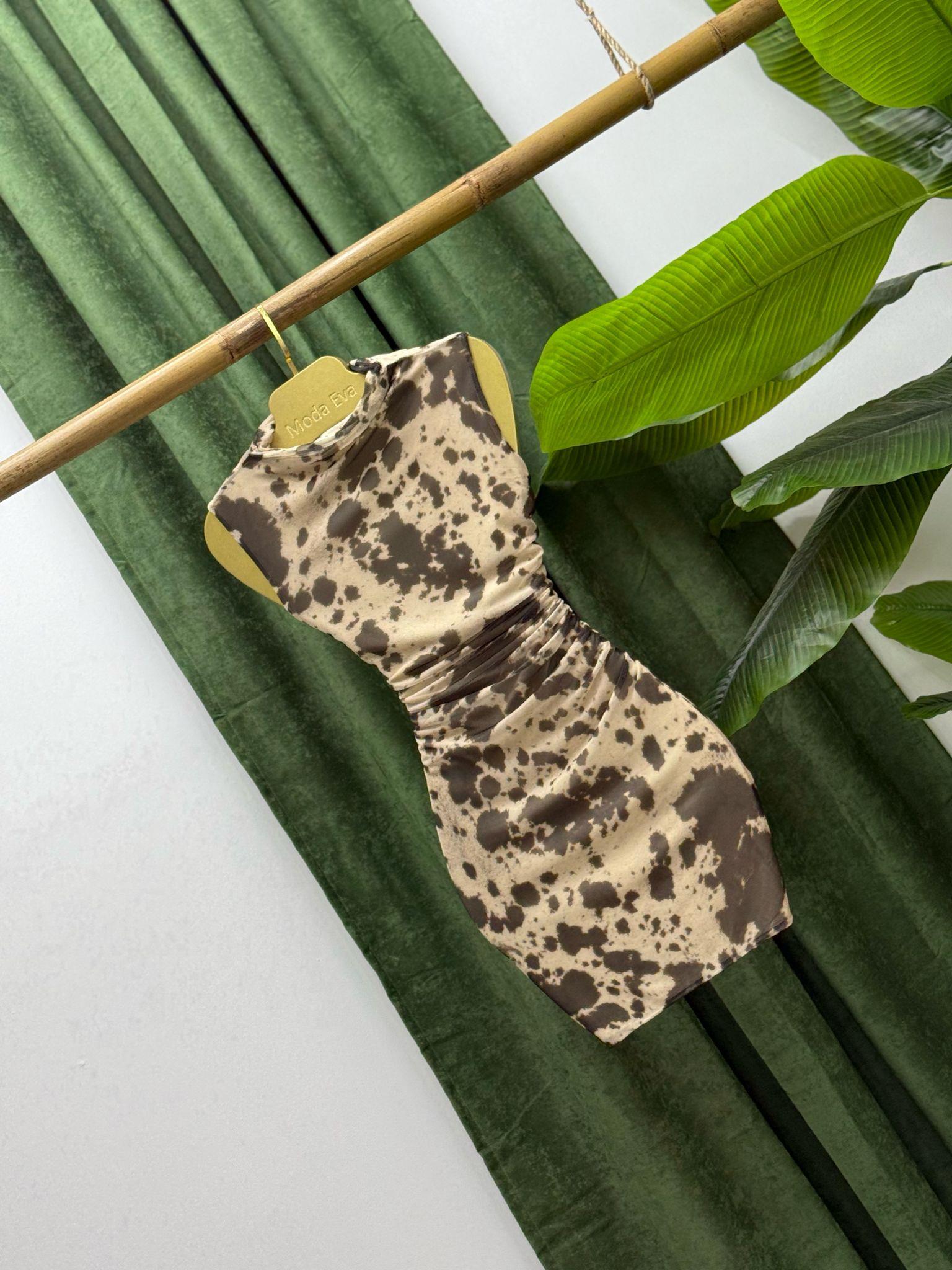 Likralı Tül Şifon Kumaş Astarlı Drapeli Alaca Desen Elbise 