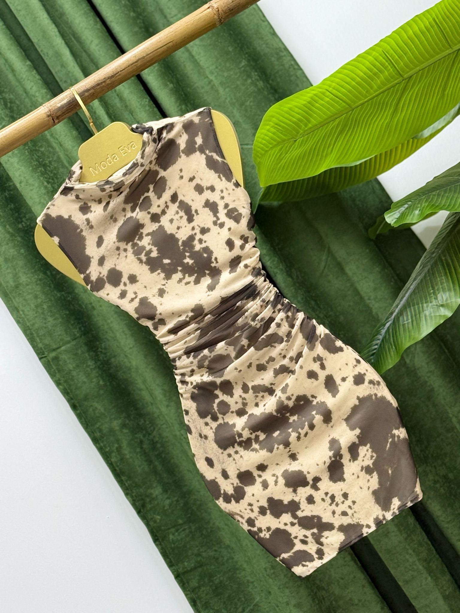 Likralı Tül Şifon Kumaş Astarlı Drapeli Alaca Desen Elbise 