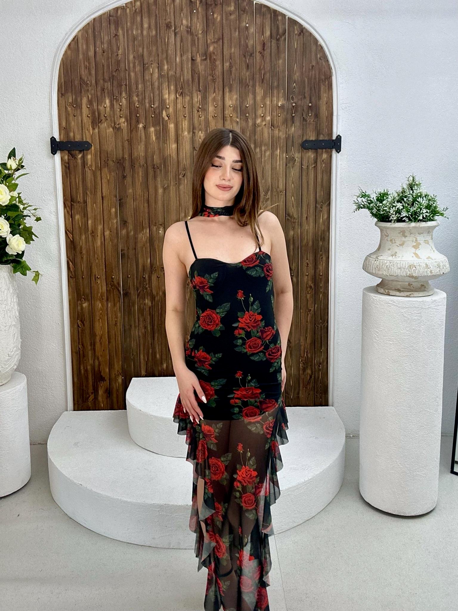 Likralı Tül Şifon Kumaş Gül Desen Volan Detay Elbise