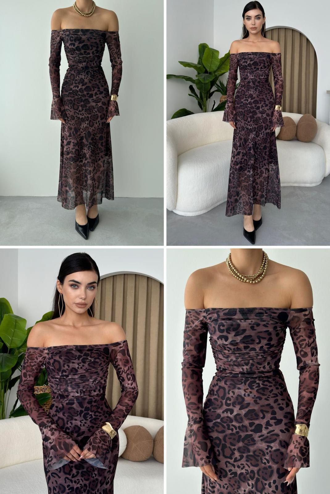 Likralı Tül Şifon Kumaş Leopar Desen Madonna Yaka Elbise