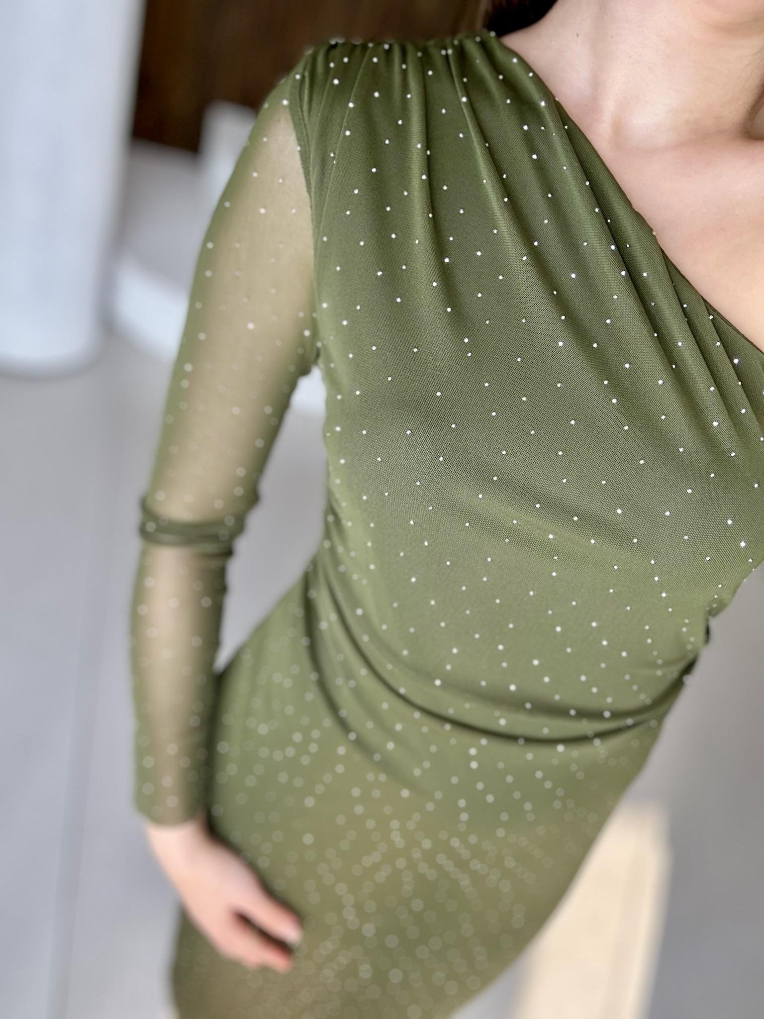 Likralı Tül Şifon Taş Detaylı Drapeli Kalem Elbise Haki