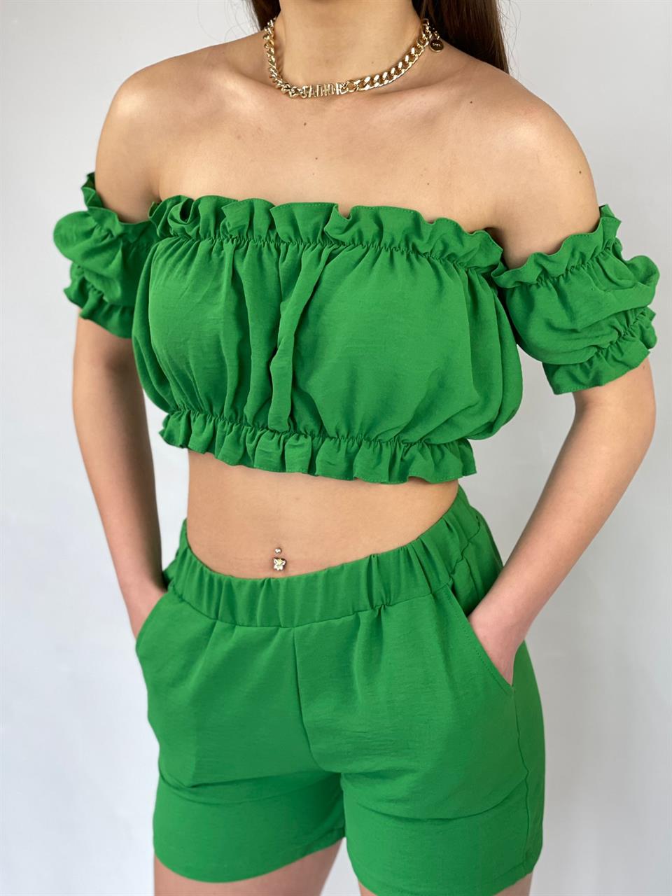 Madonna Yaka Bluz Lastik Dikişli Şort İkili Takım