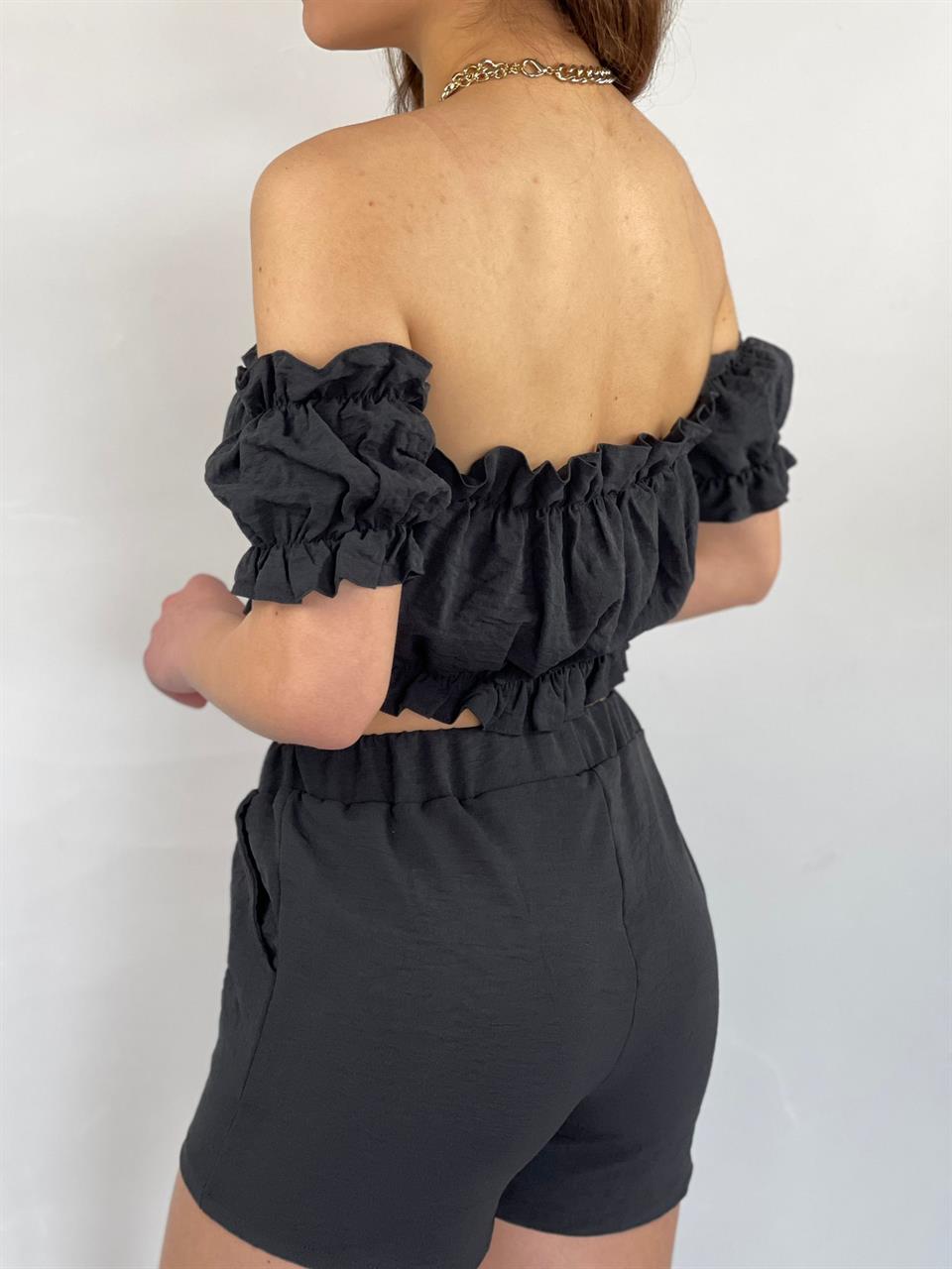 Madonna Yaka Bluz Lastik Dikişli Şort İkili Takım