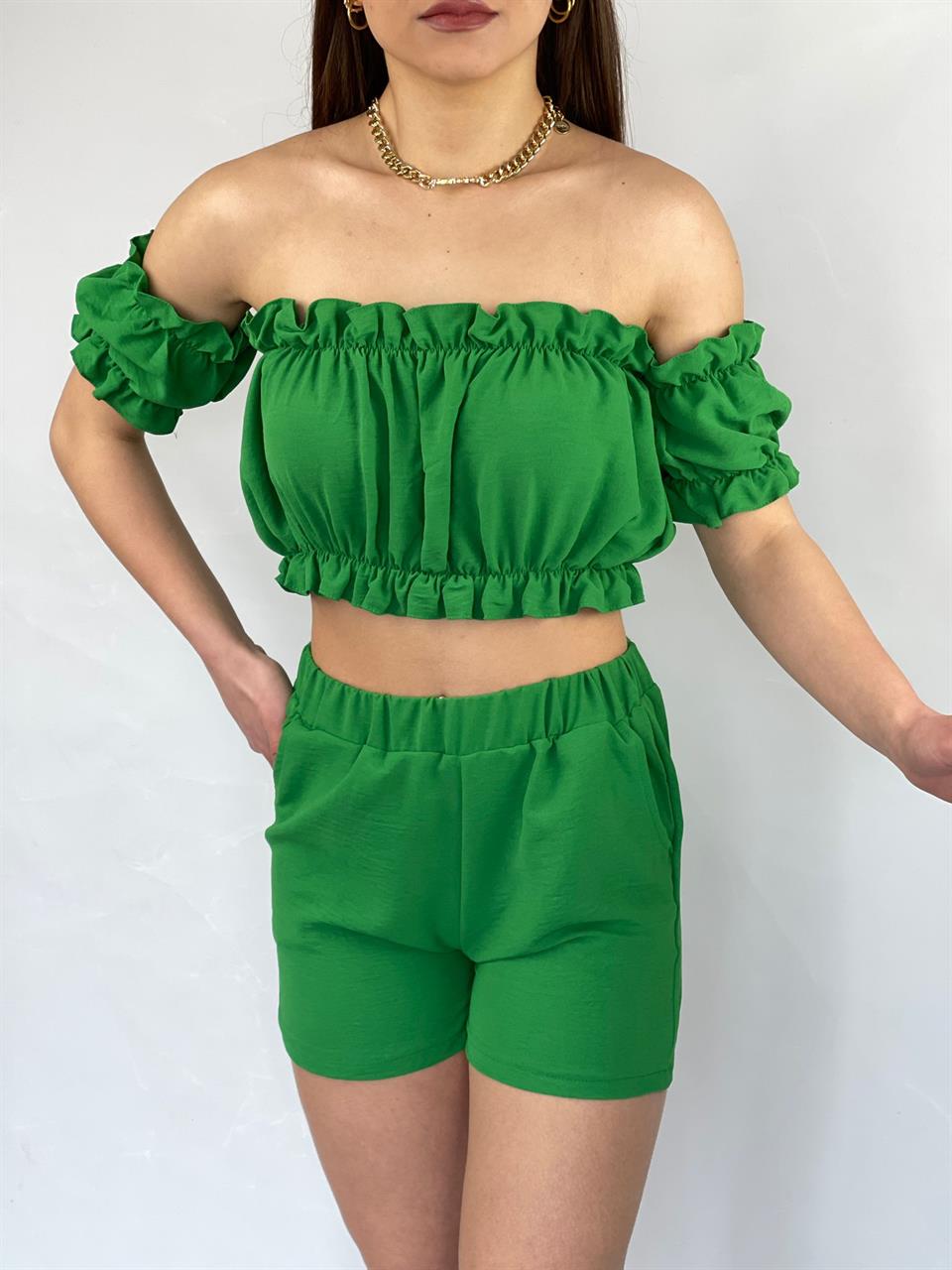 Madonna Yaka Bluz Lastik Dikişli Şort İkili Takım