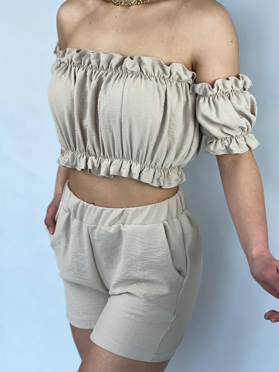 Madonna Yaka Bluz Lastik Dikişli Şort İkili Takım