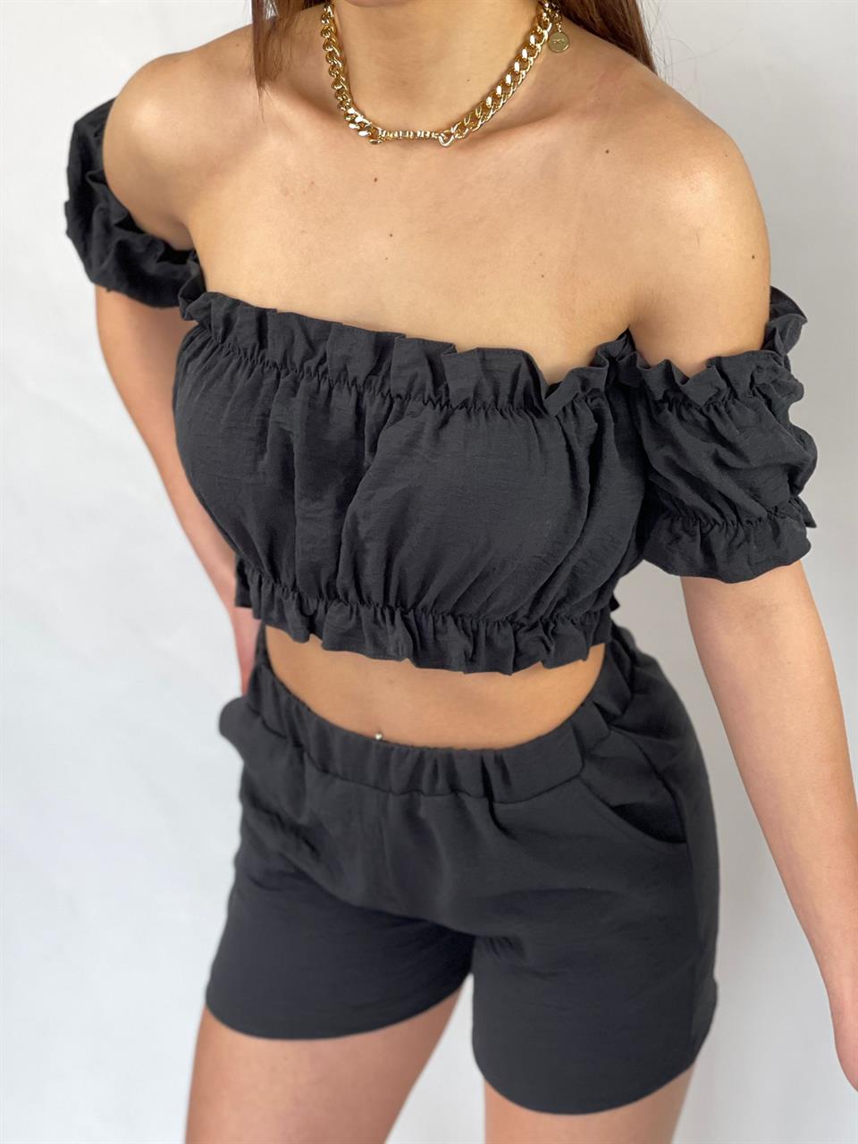 Madonna Yaka Bluz Lastik Dikişli Şort İkili Takım