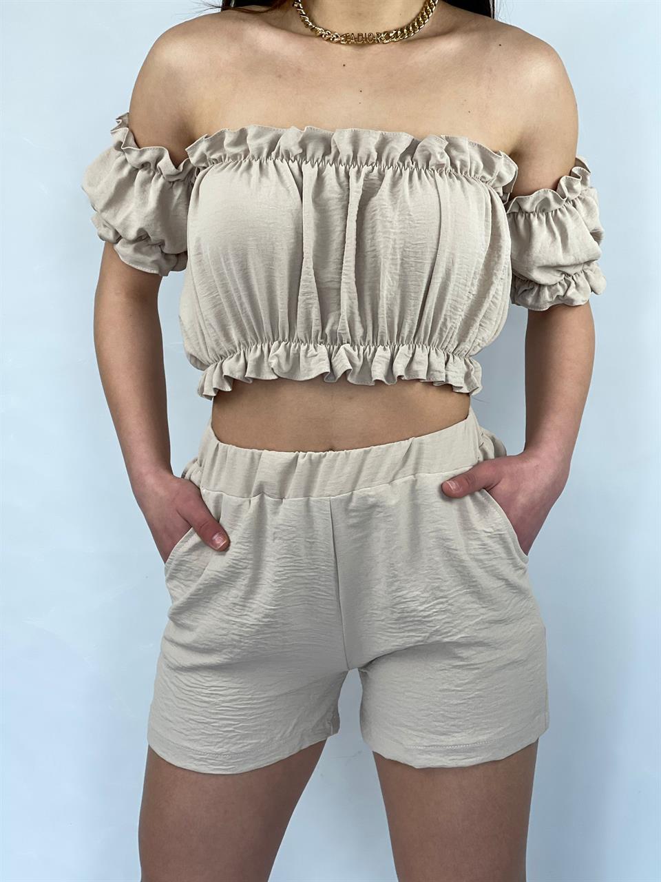 Madonna Yaka Bluz Lastik Dikişli Şort İkili Takım