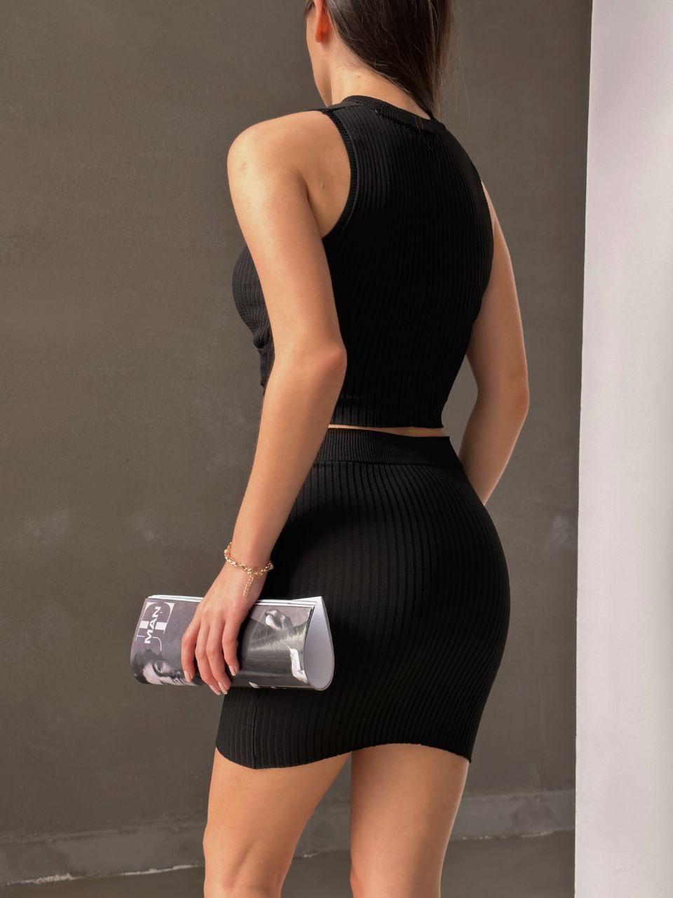 Merserize Triko Çapraz Detaylı Crop Etek İkili Takım Siyah