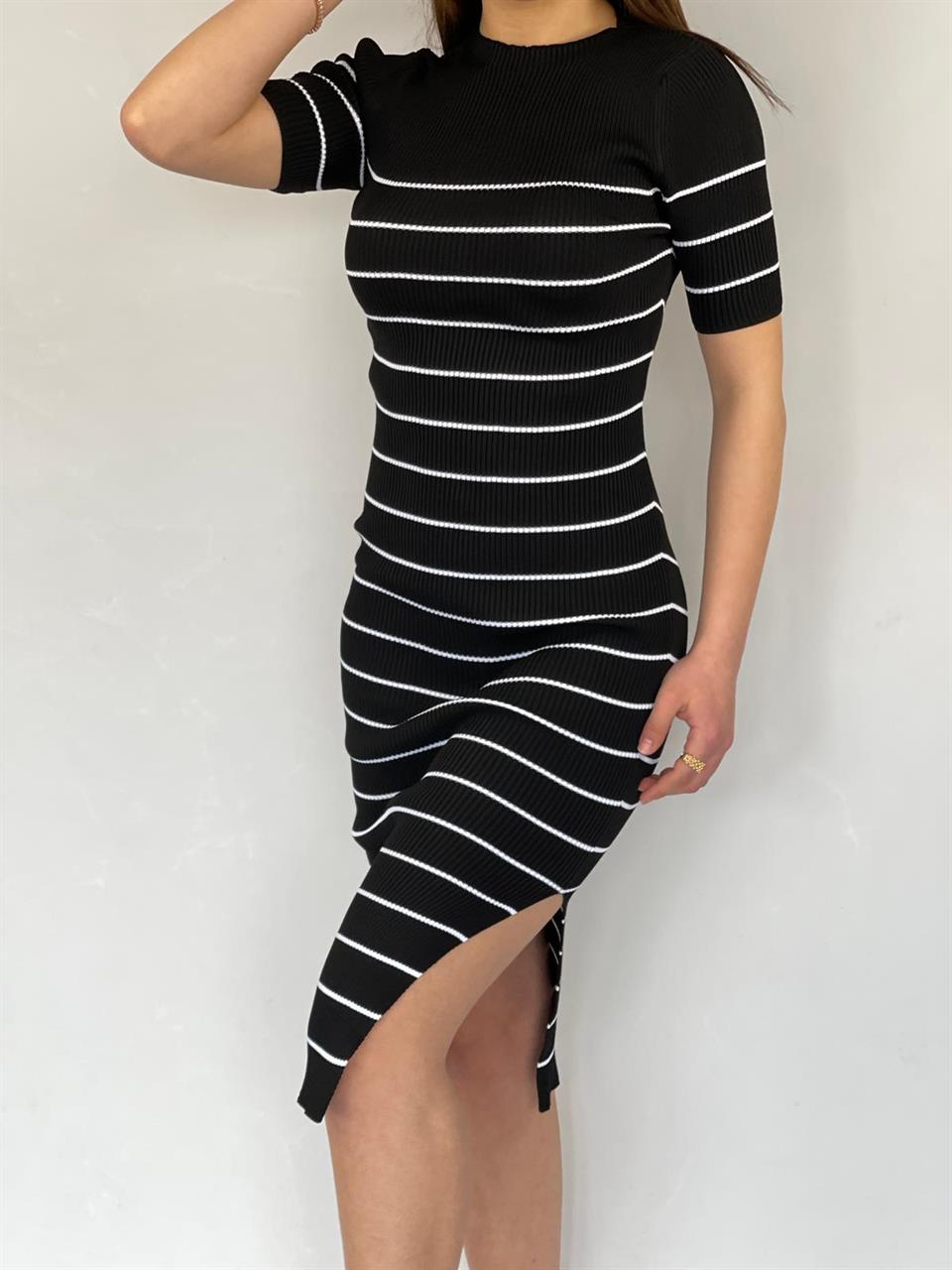 Merserize Triko Çizgi Desen Elbise