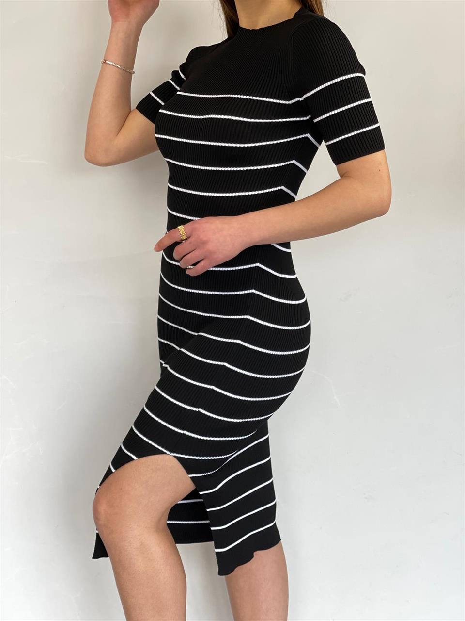 Merserize Triko Çizgi Desen Elbise