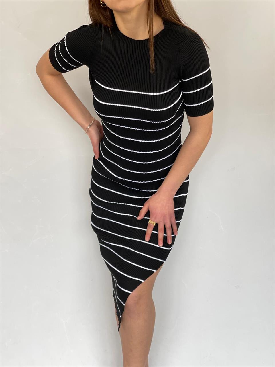 Merserize Triko Çizgi Desen Elbise