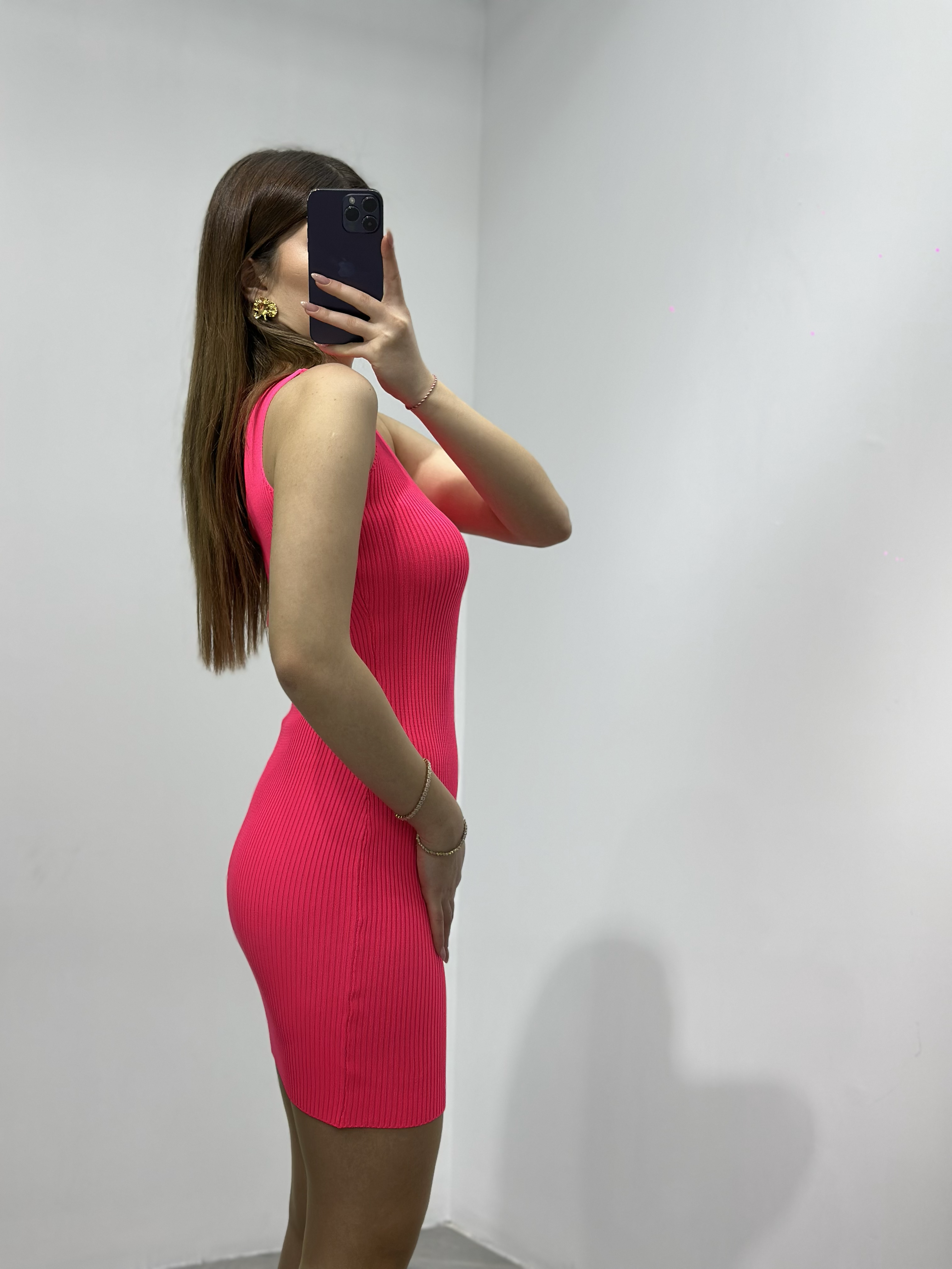 Merserize Triko Tek Omuz Elbise Pembe