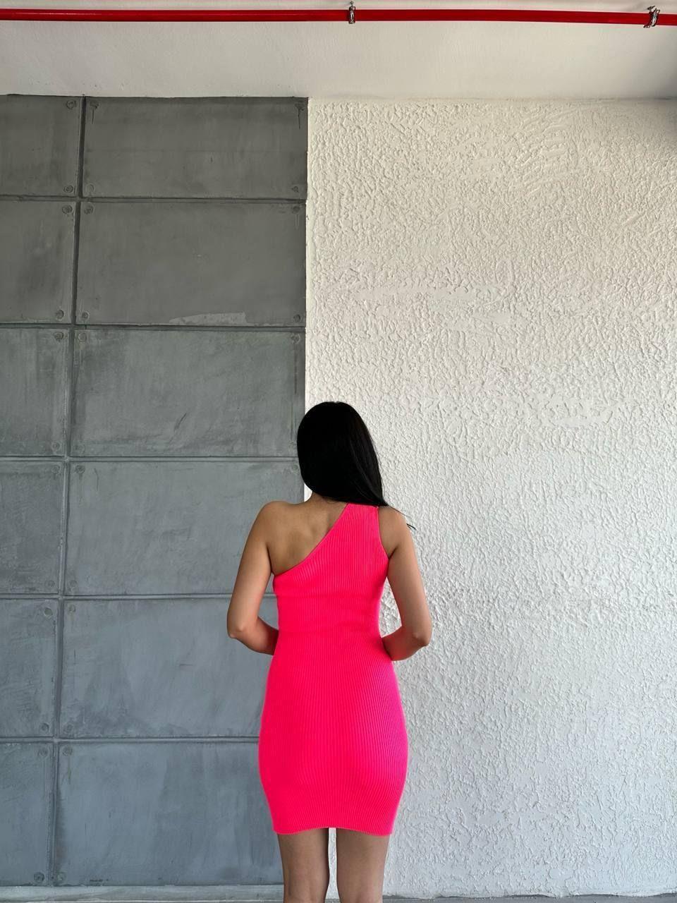 Merserize Triko Tek Omuz Elbise Pembe