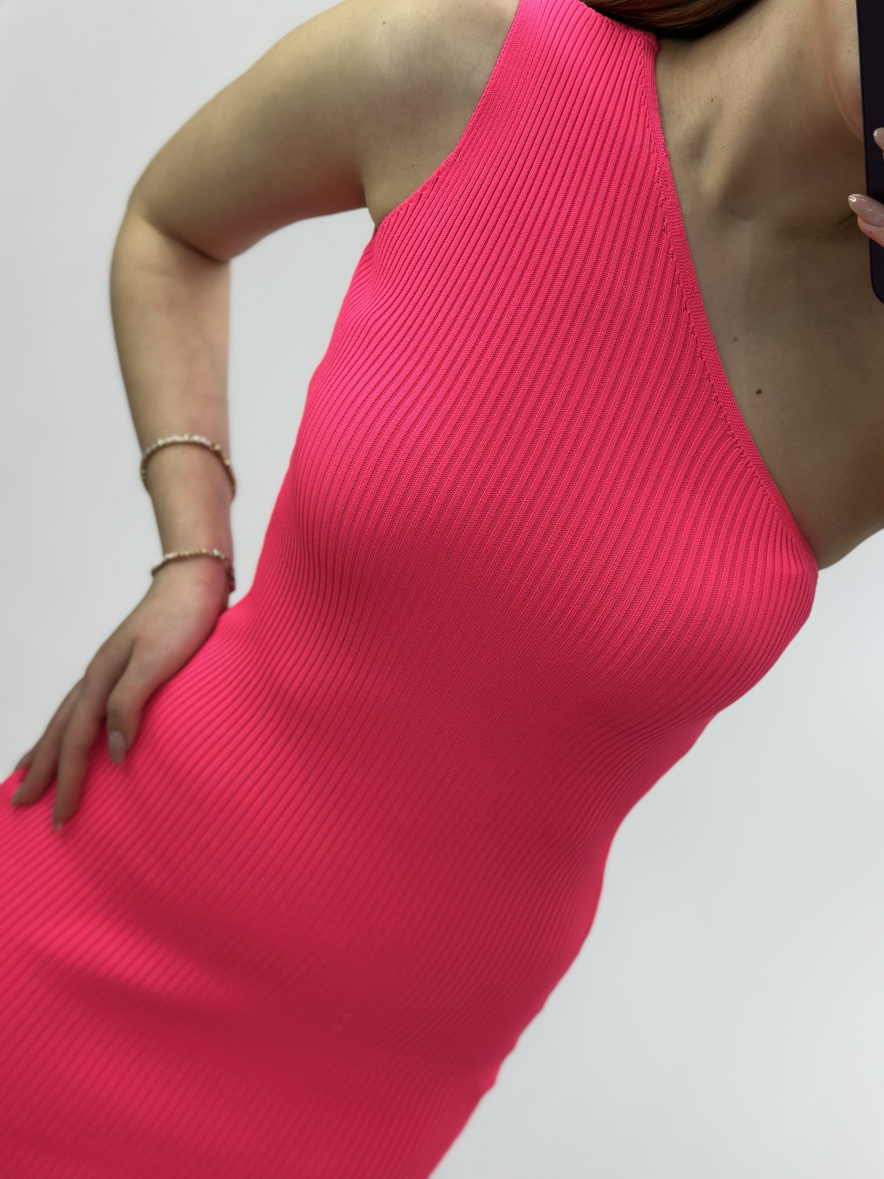 Merserize Triko Tek Omuz Elbise Pembe