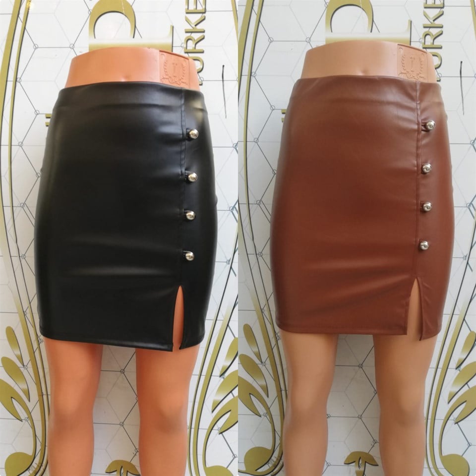 Metal Düğmeli Beli Lastikli Full Likralı Pu Deri Etek