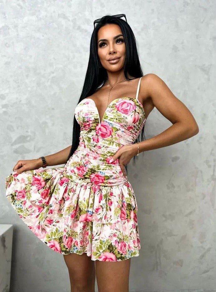 Micro Kumaş Çiçek  Desenli Askılı Kalp Yaka Askılı Elbise