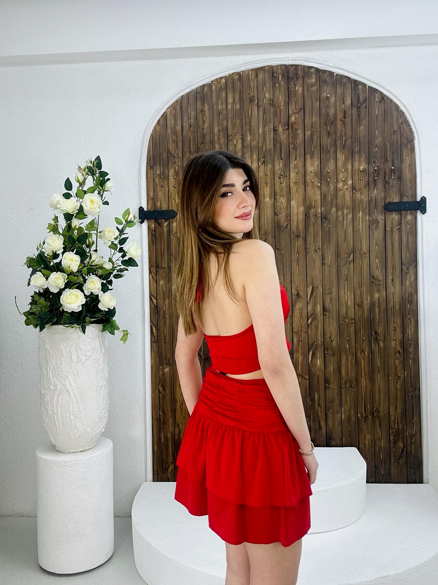 Micro Kumaş Drape Dikişli İkili Takım Kırmızı