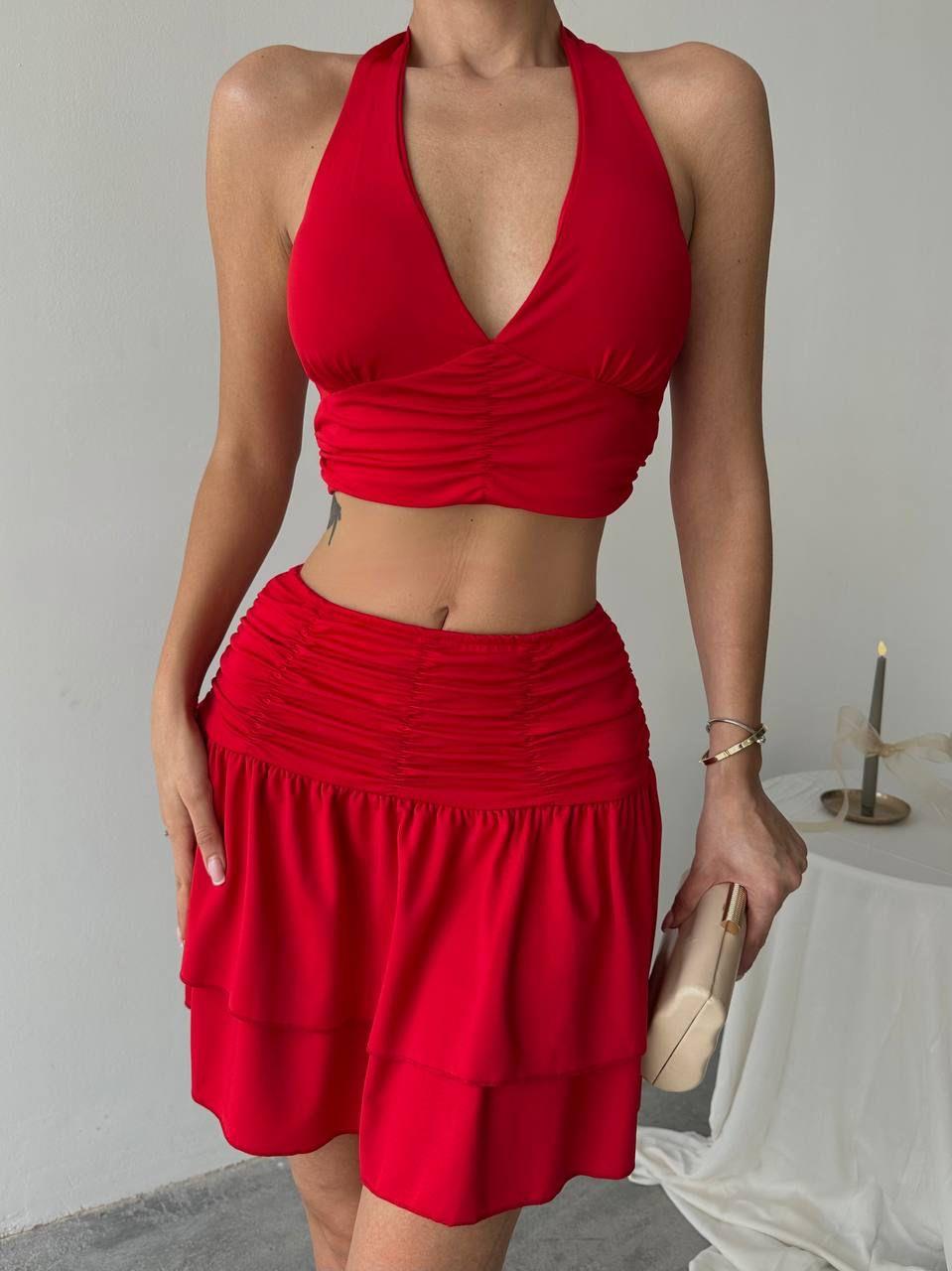 Micro Kumaş Drape Dikişli İkili Takım Kırmızı