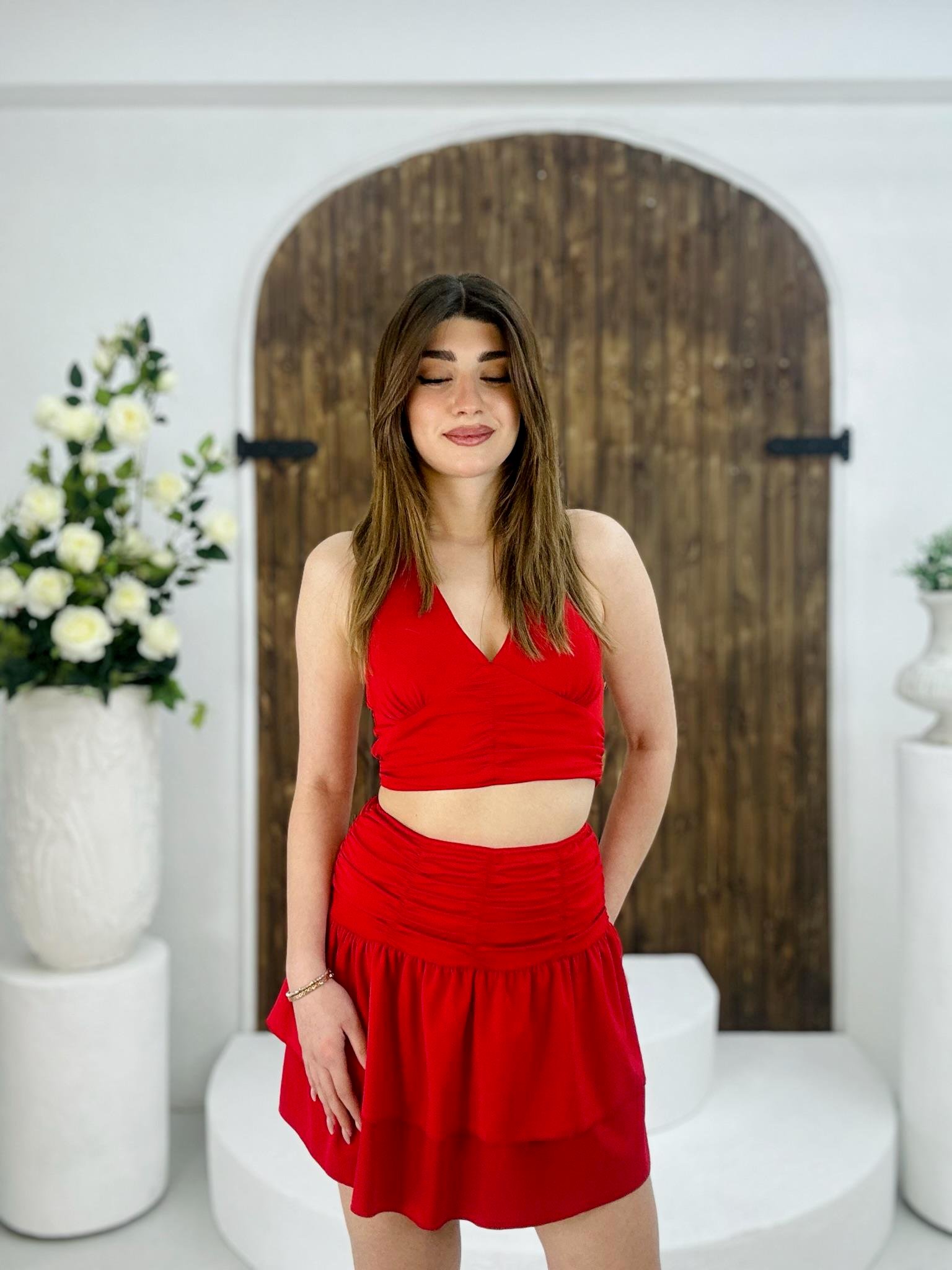 Micro Kumaş Drape Dikişli İkili Takım Kırmızı