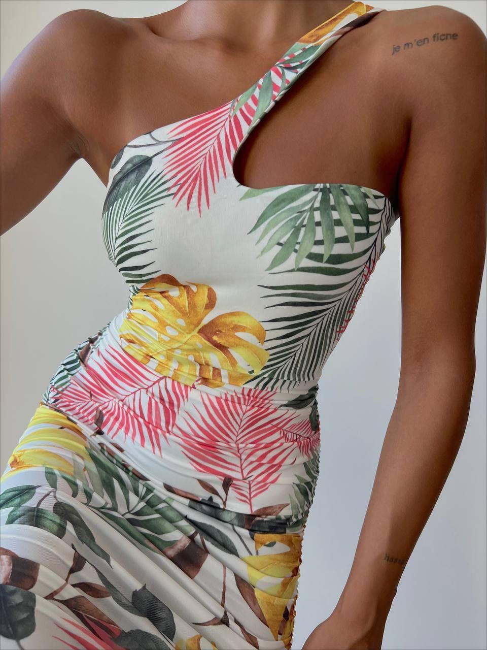 Micro Kumaş Drapeli Tek Askılı Renkli Yaprak Desenli Kalem Elbise