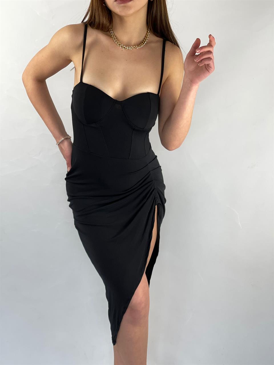 Micro Kumaş Gloplu Derin Yırtmaçlı Tasarım Elbise