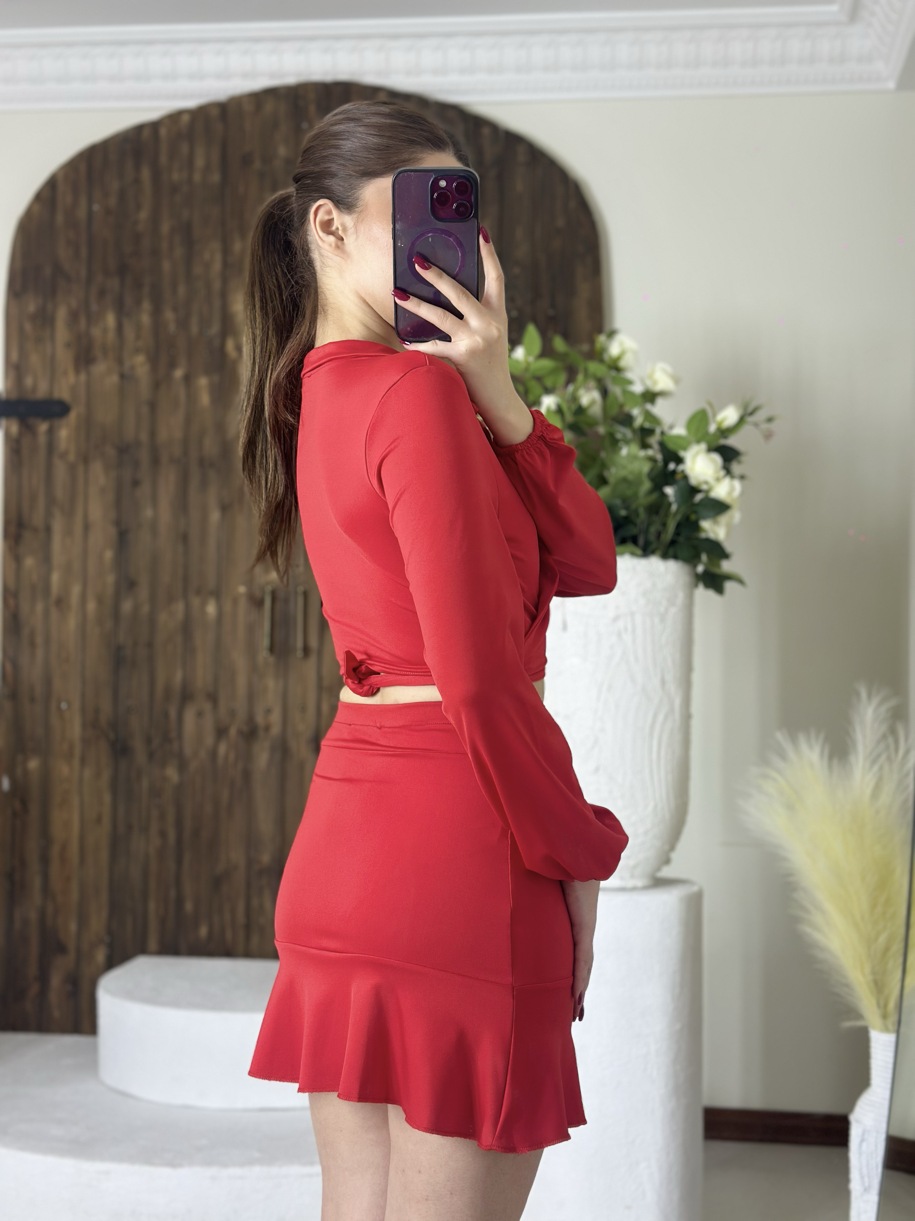 Micro Kumaş Likralı Bağlama Detay Bluz Mini Etek İkili Takım Kırmızı