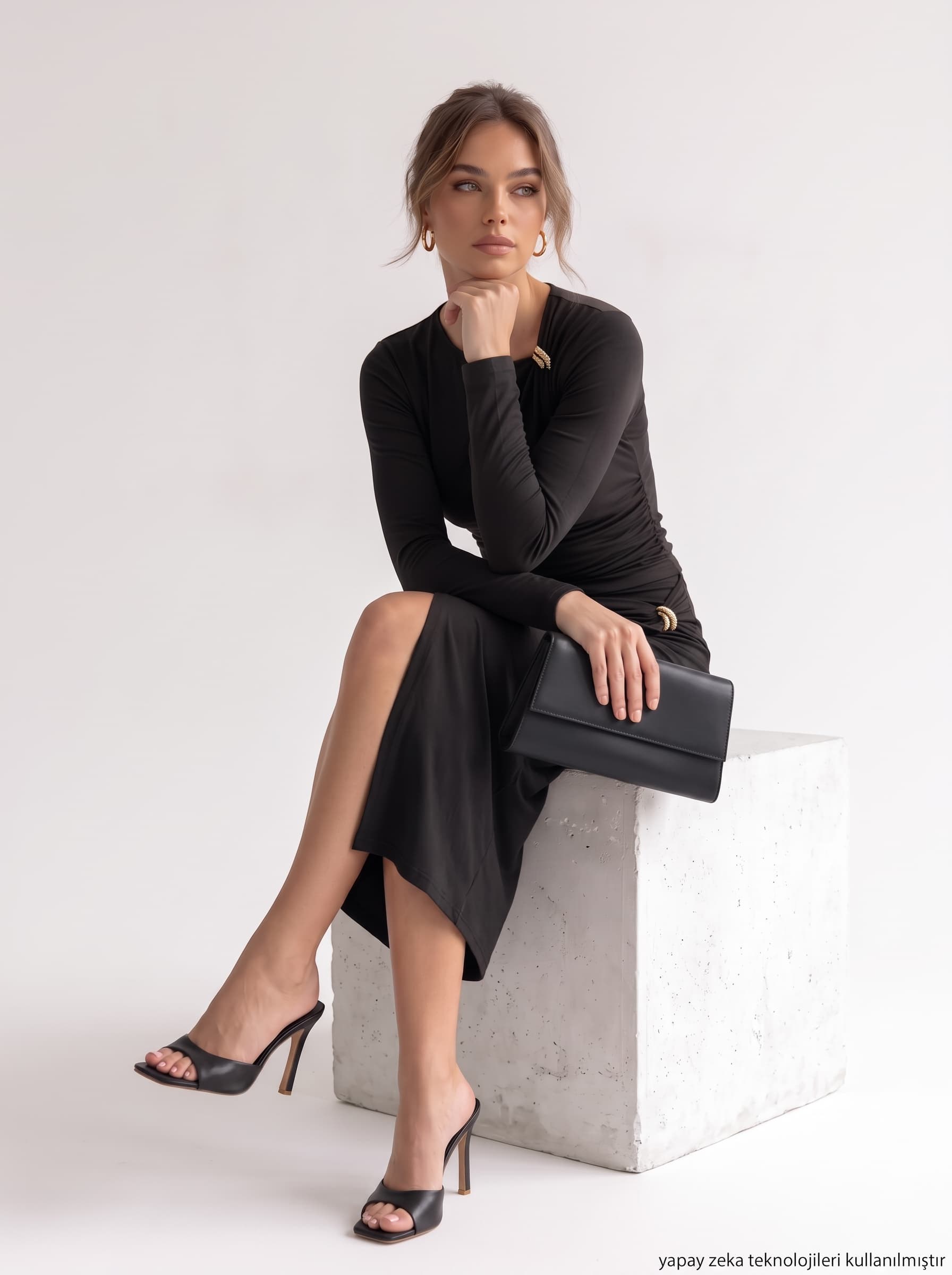 Micro Kumaş Metal Aksesuarlı Etek Bluz İkili Takım Siyah