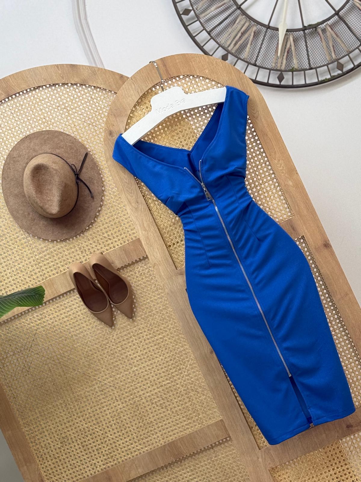 Micro Kumaş Önü Fermuarlı Midi Elbise Saks