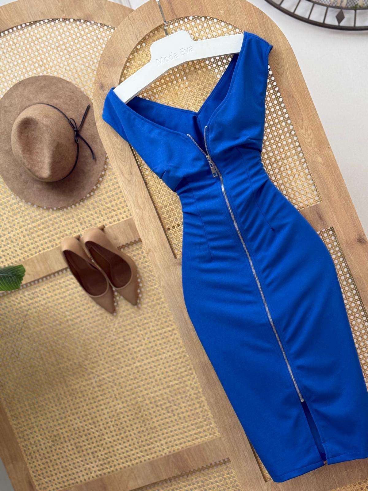 Micro Kumaş Önü Fermuarlı Midi Elbise Saks