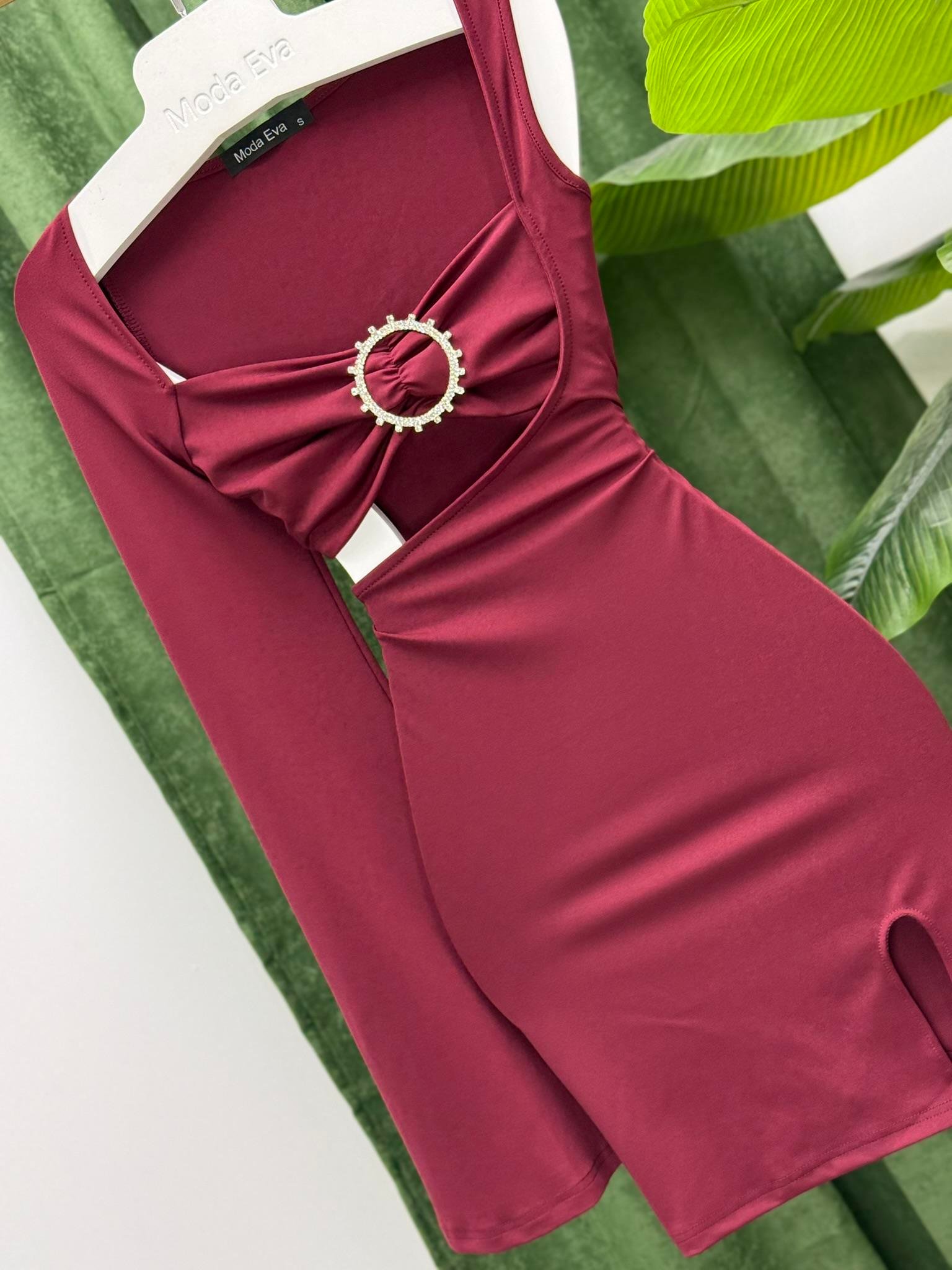 Micro Kumaş Tek Kol Broş Detay Tasarım Elbise Bordo