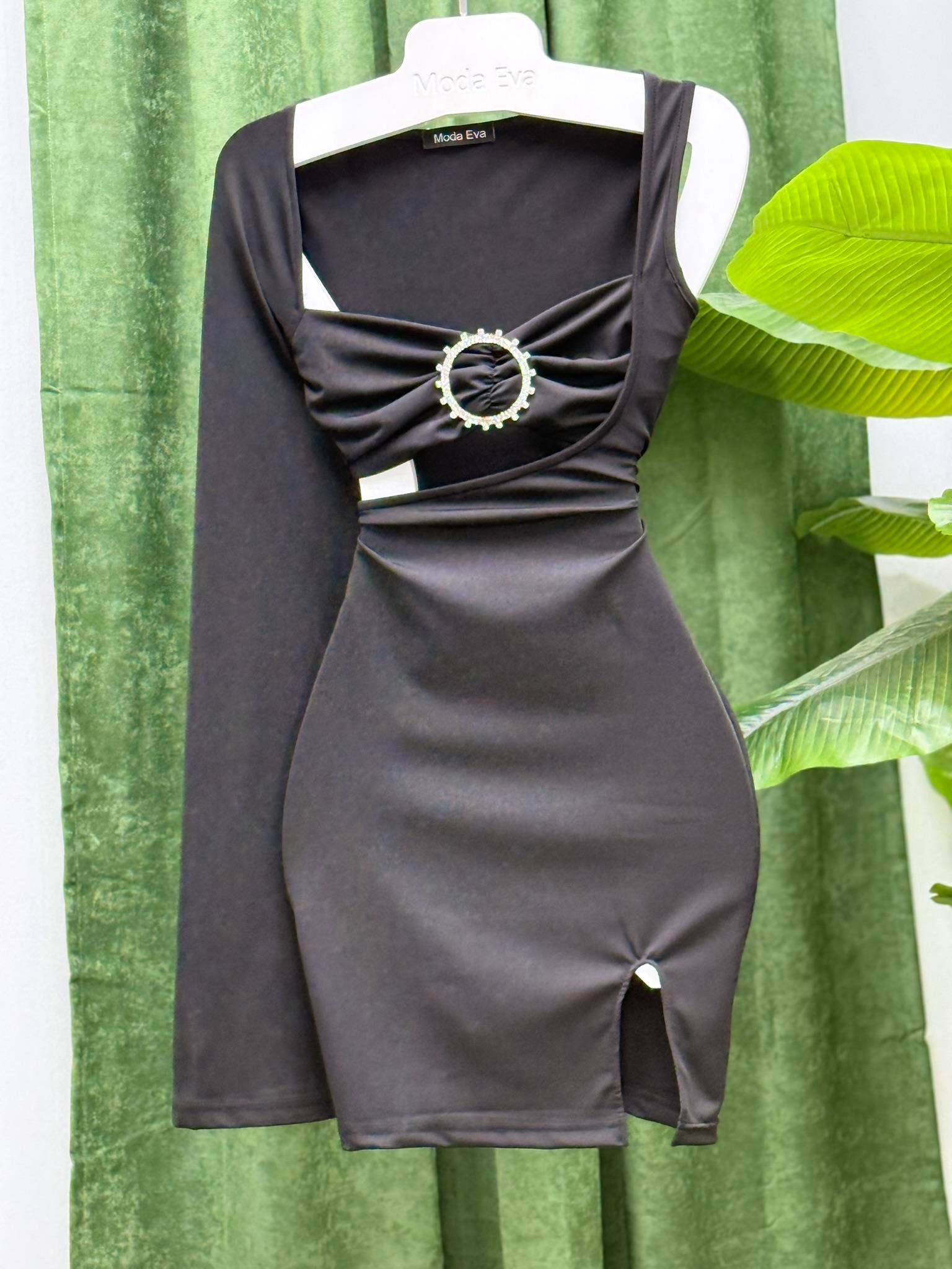 Micro Kumaş Tek Kol Broş Detay Tasarım Elbise Siyah