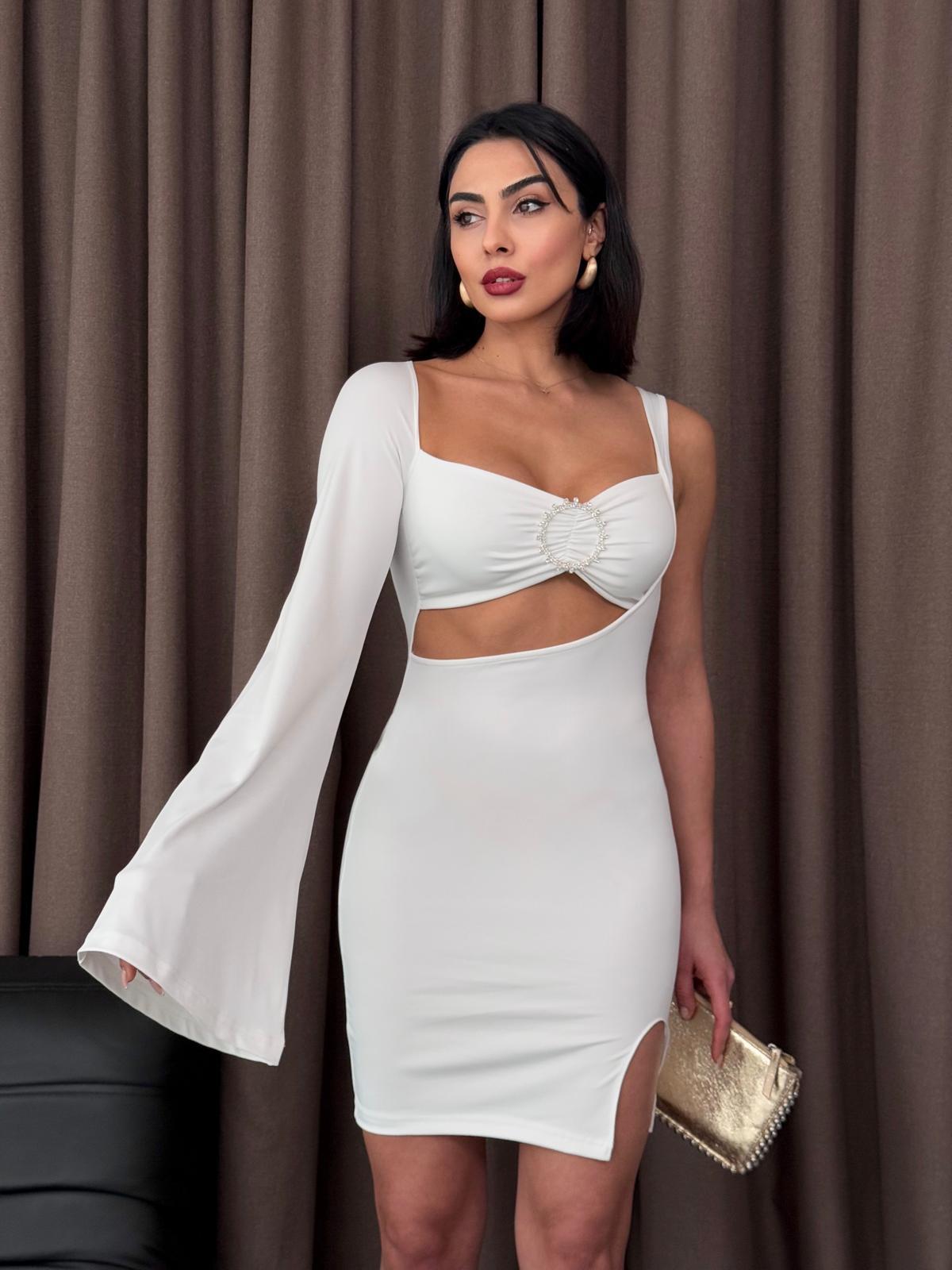 Micro Kumaş Tek Kol Broş Detay Tasarım Elbise Beyaz