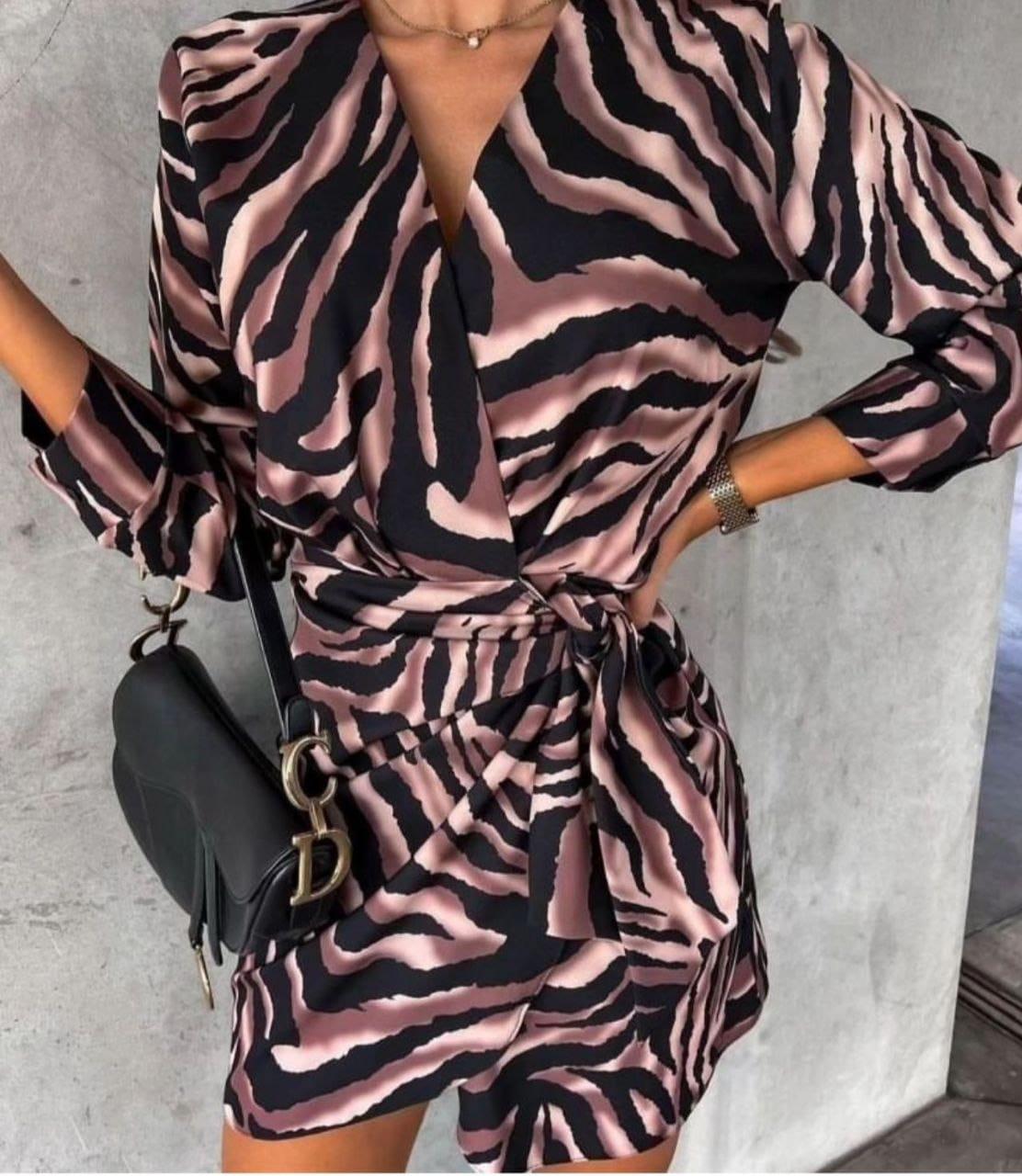 Micro Kumaş Zebra Desen Anvalop Elbise