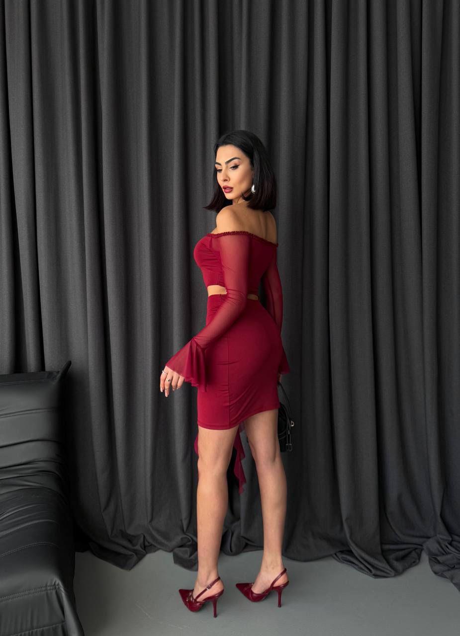 Micro ve Likralı Tül Kumaş Bel Detay  Tasarım Elbise Bordo